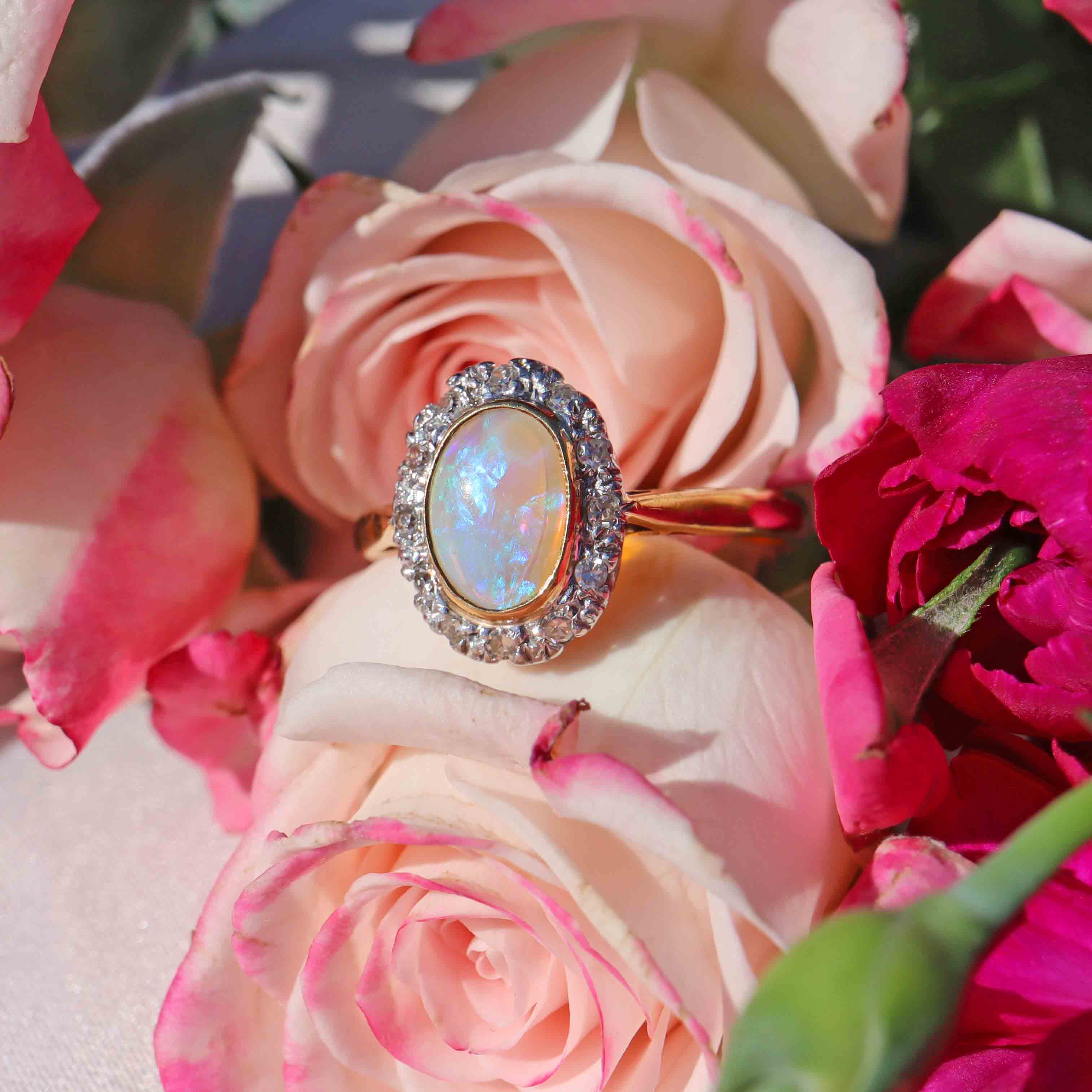 Ellibelle Jewellery Vintage 1971 Natural Australian Opal & Diamond 18ct Gold Oval Cluster Ring
