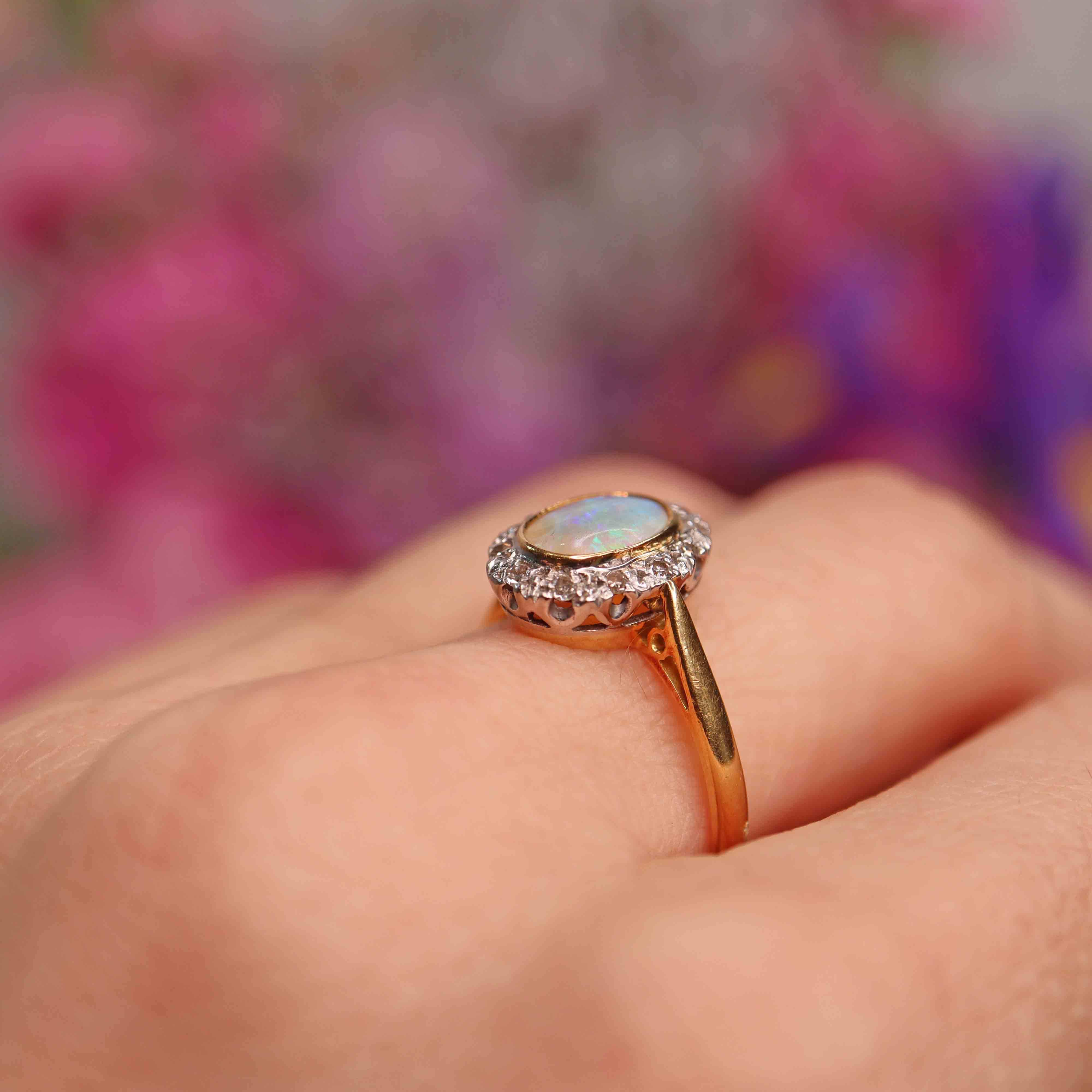 Ellibelle Jewellery Vintage 1971 Natural Australian Opal & Diamond 18ct Gold Oval Cluster Ring