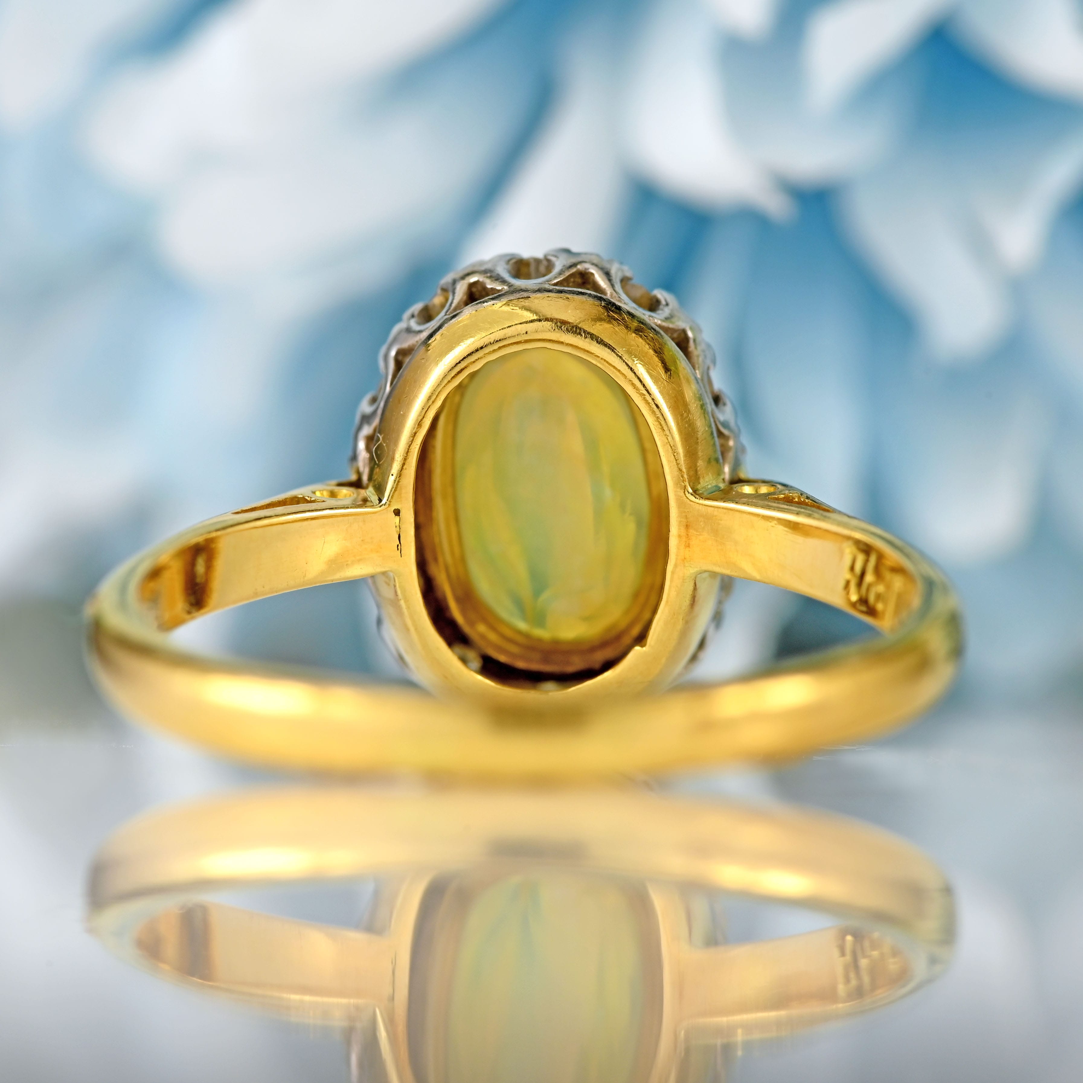 Ellibelle Jewellery Vintage 1971 Natural Australian Opal & Diamond 18ct Gold Oval Cluster Ring