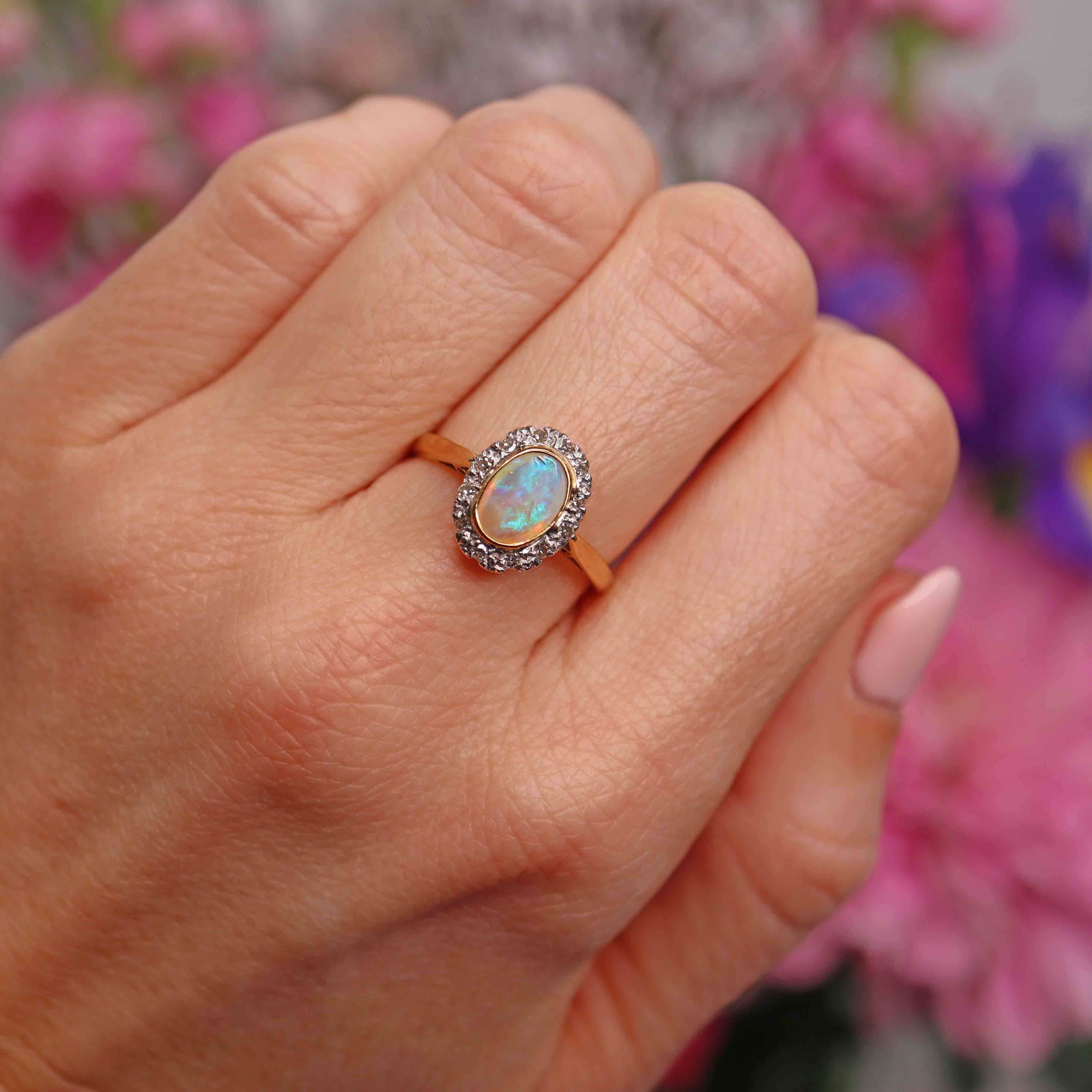 Ellibelle Jewellery Vintage 1971 Natural Australian Opal & Diamond 18ct Gold Oval Cluster Ring