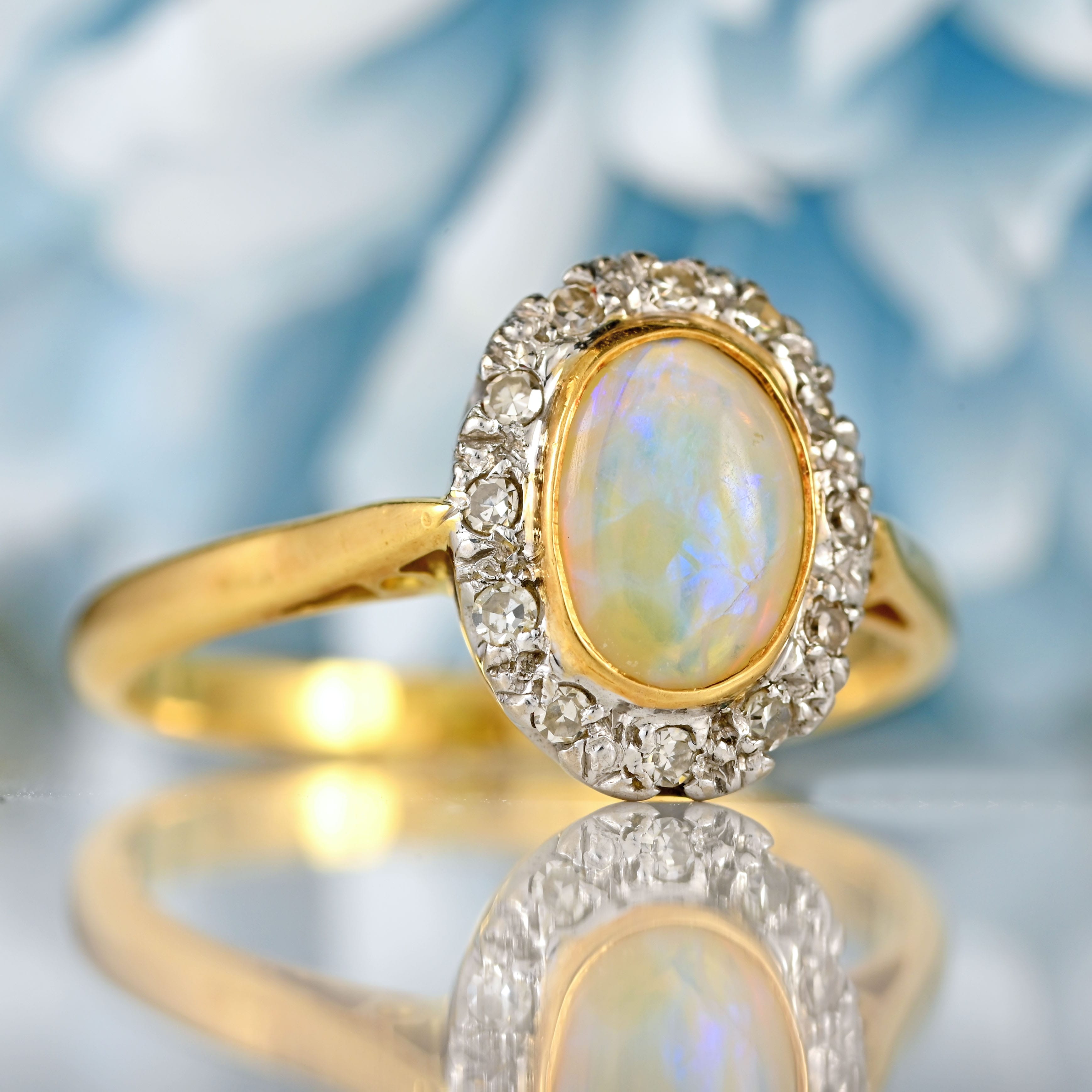 Ellibelle Jewellery Vintage 1971 Natural Australian Opal & Diamond 18ct Gold Oval Cluster Ring