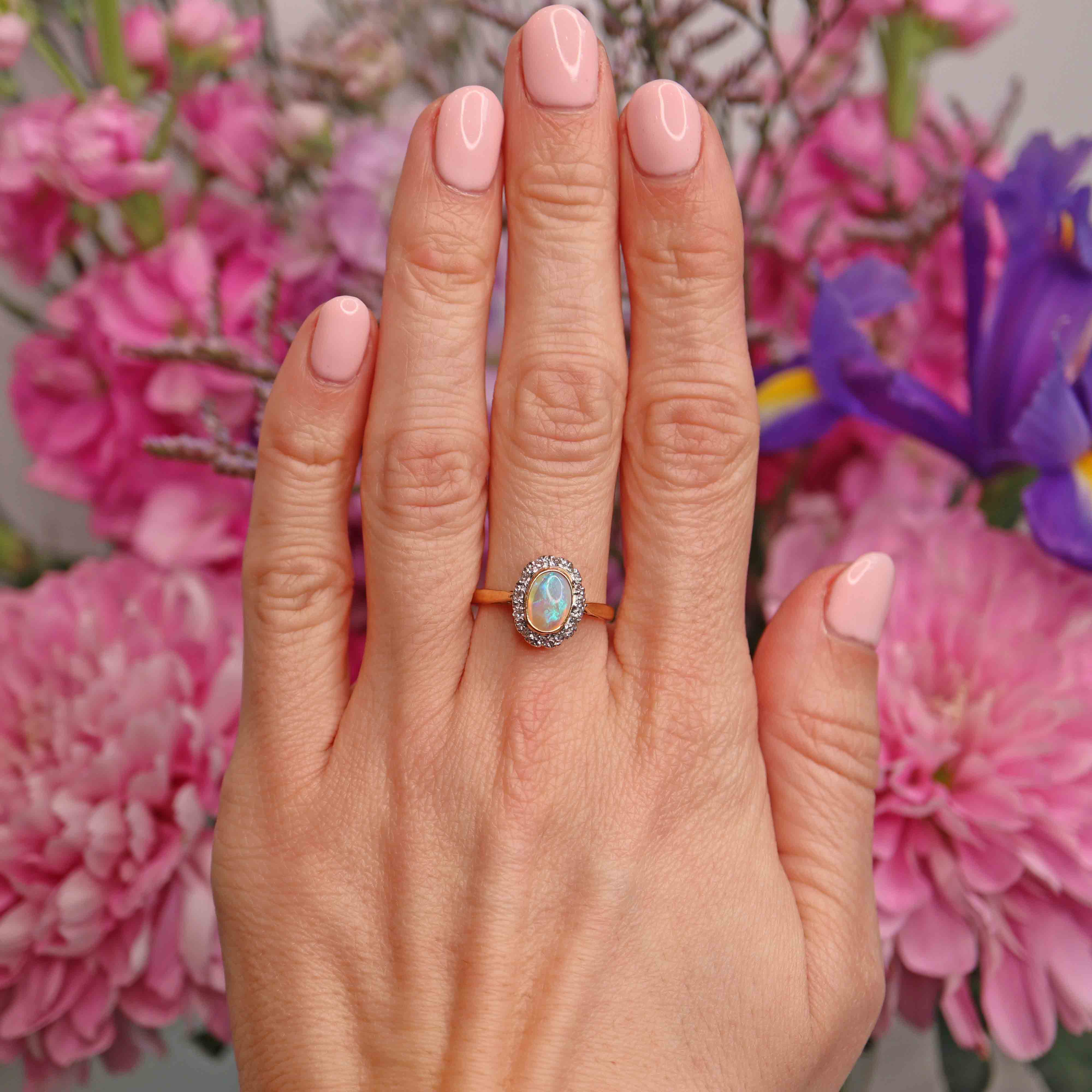Ellibelle Jewellery Vintage 1971 Natural Australian Opal & Diamond 18ct Gold Oval Cluster Ring