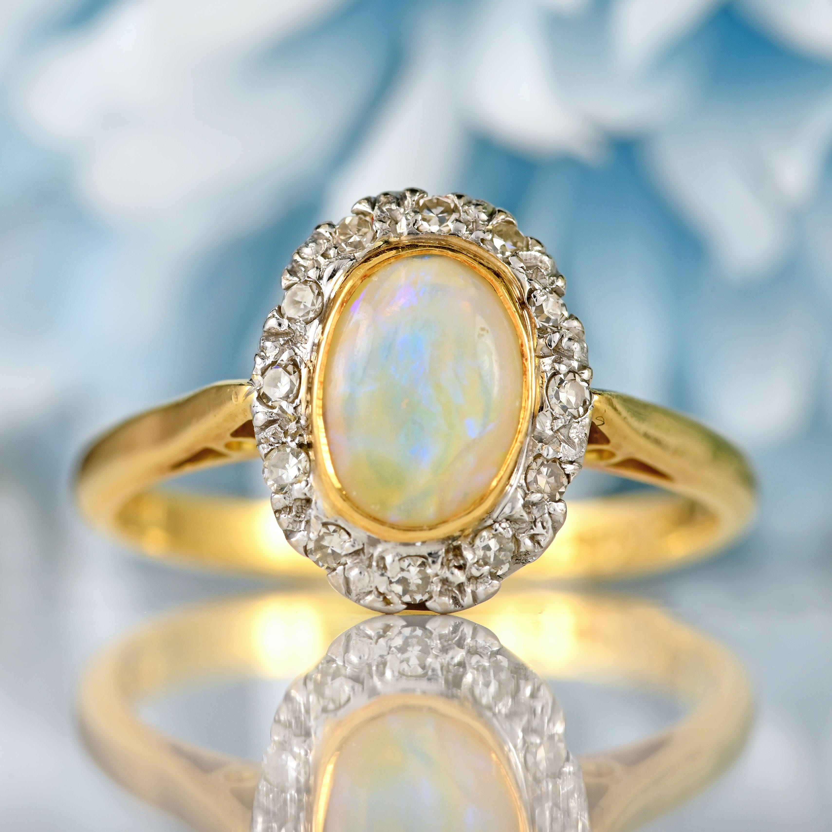 Ellibelle Jewellery Vintage 1971 Natural Australian Opal & Diamond 18ct Gold Oval Cluster Ring