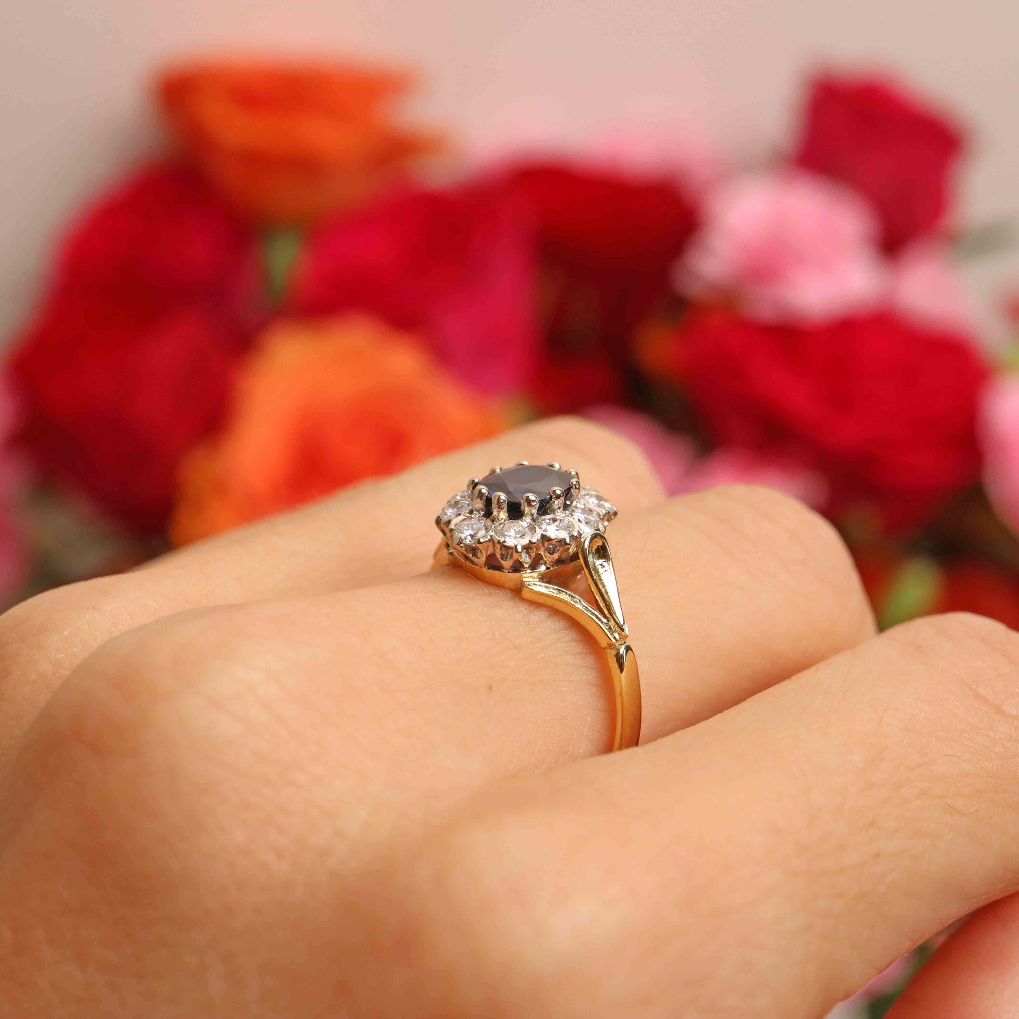 Ellibelle Jewellery Vintage 1971 Sapphire & Diamond 18ct Gold Cluster Ring