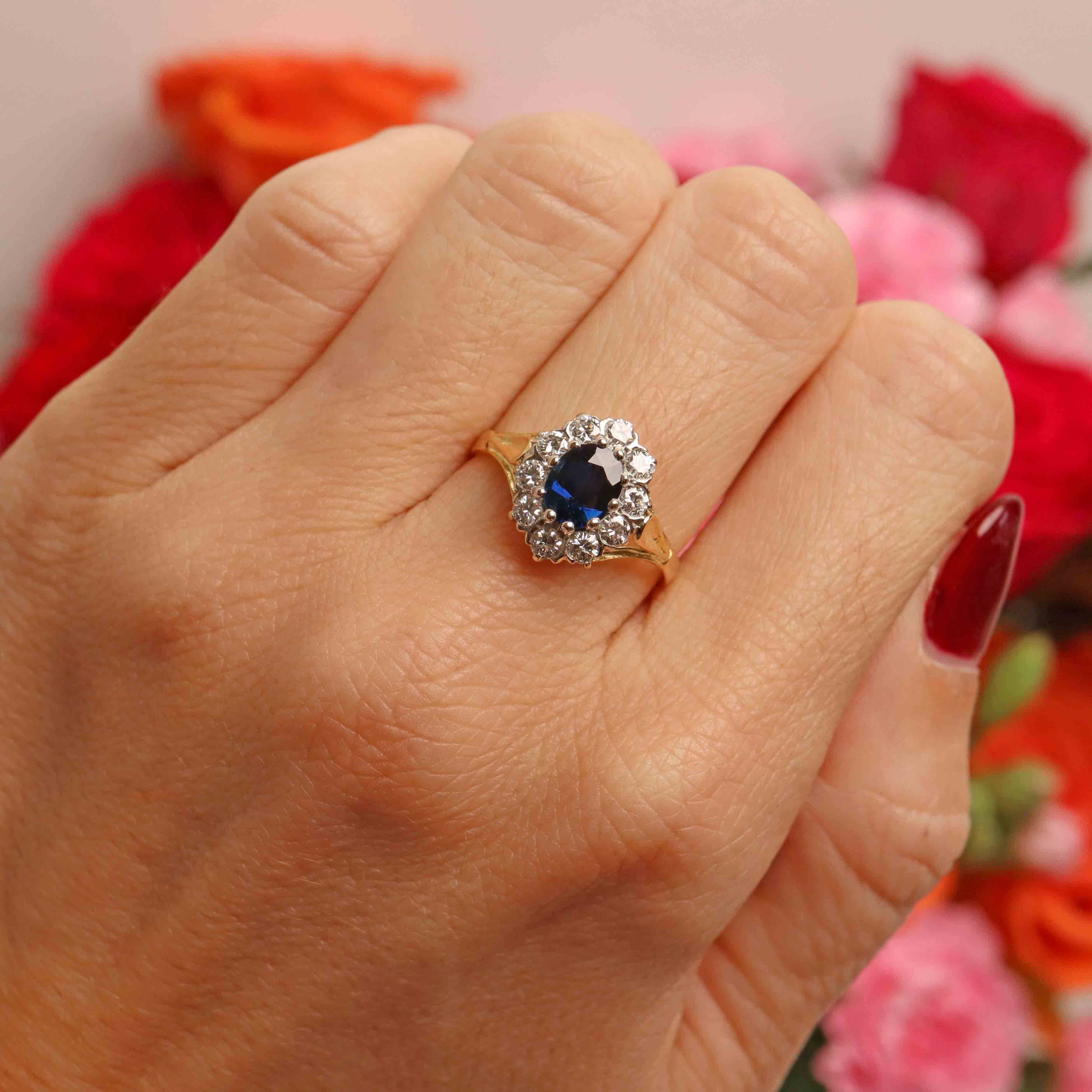 Ellibelle Jewellery Vintage 1971 Sapphire & Diamond 18ct Gold Cluster Ring