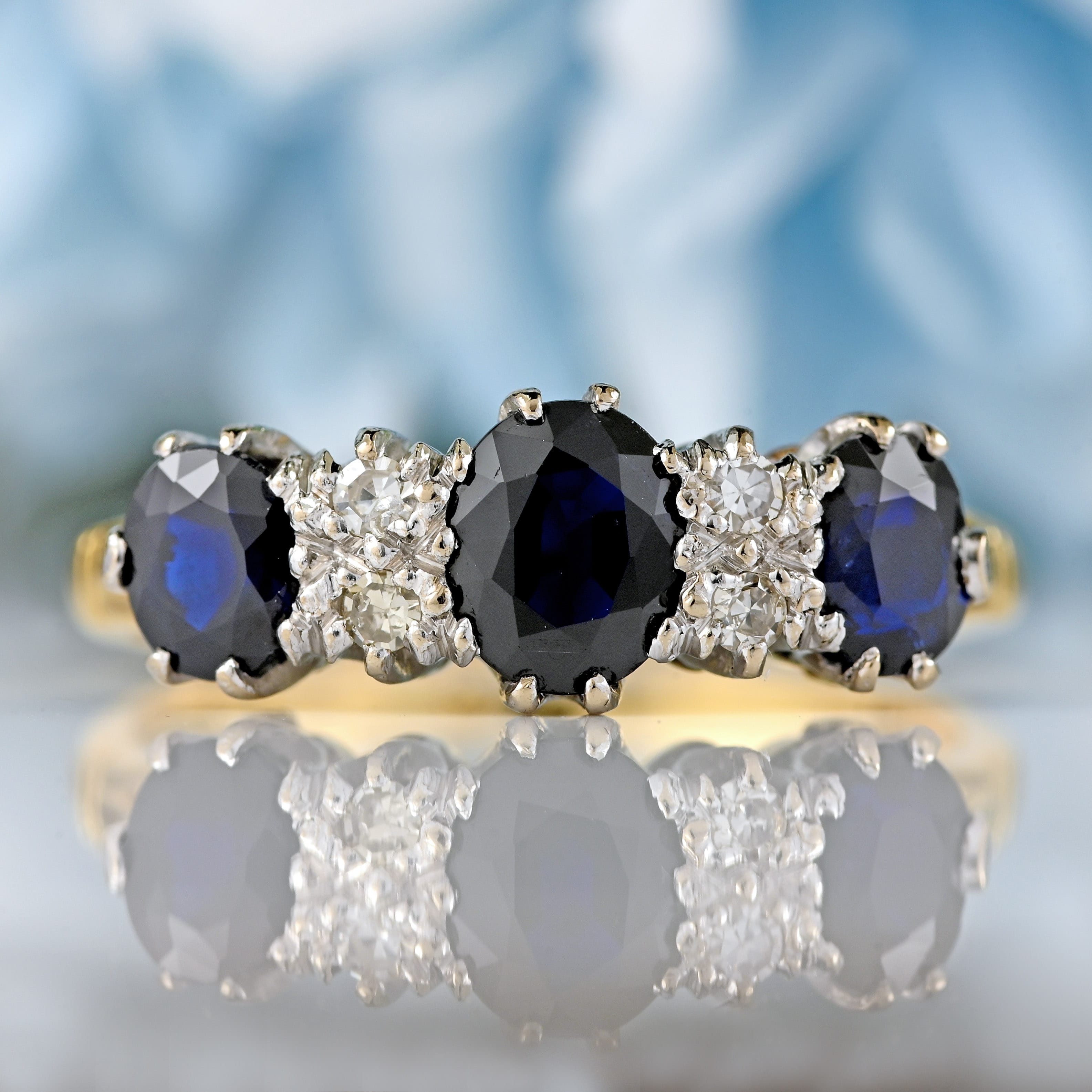 Ellibelle Jewellery Vintage 1971 Sapphire & Diamond 18ct Gold Seven-Stone Ring