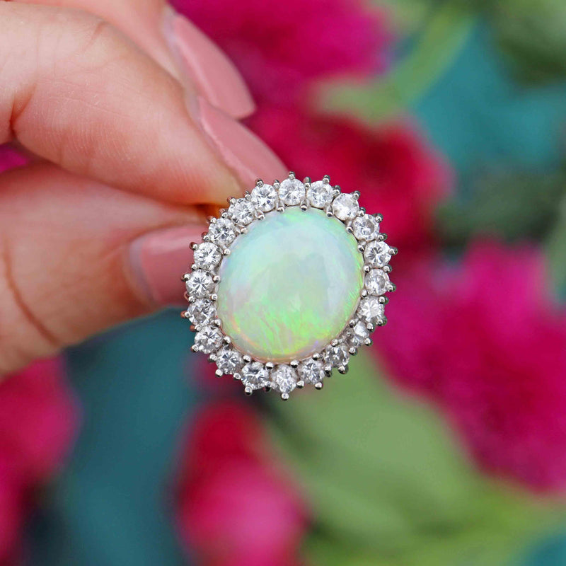 Ellibelle Jewellery Vintage 1972 Opal & Diamond 18ct Gold Oval Cluster Ring