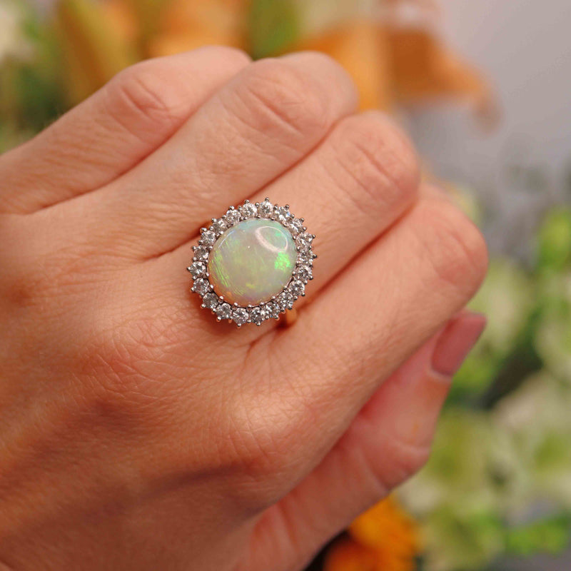 Ellibelle Jewellery Vintage 1972 Opal & Diamond 18ct Gold Oval Cluster Ring