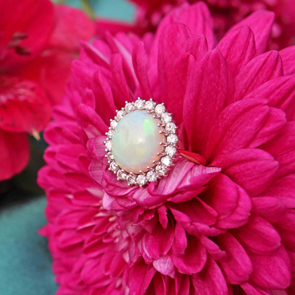 Ellibelle Jewellery Vintage 1972 Opal & Diamond 18ct Gold Oval Cluster Ring