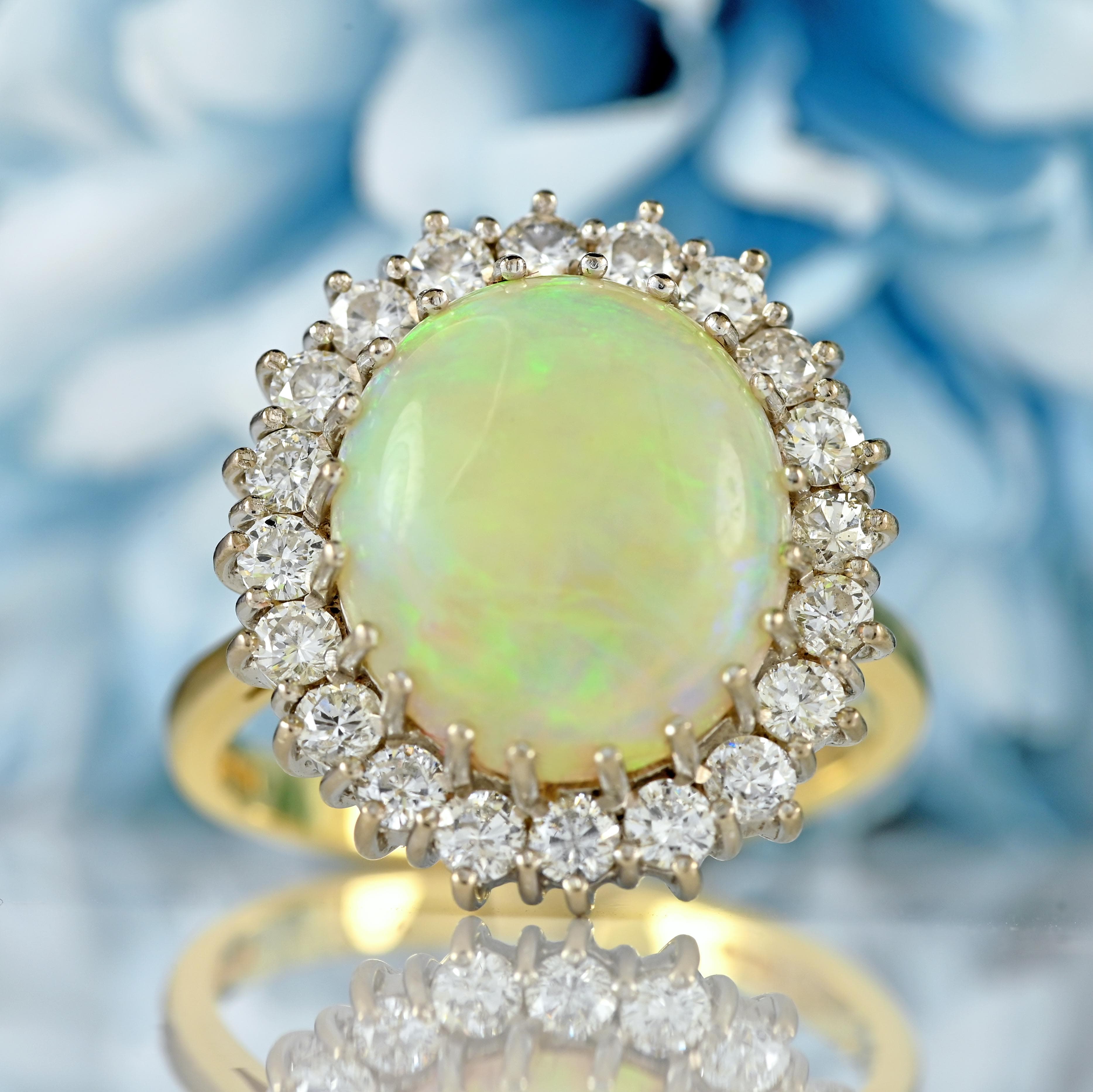 Ellibelle Jewellery Vintage 1972 Opal & Diamond 18ct Gold Oval Cluster Ring