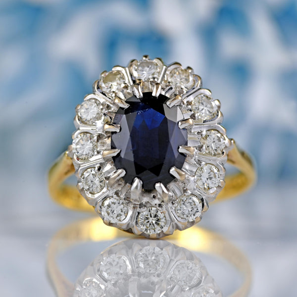 Ellibelle Jewellery Vintage 1972 Sapphire & Diamond 18ct Gold Cluster Engagement Ring