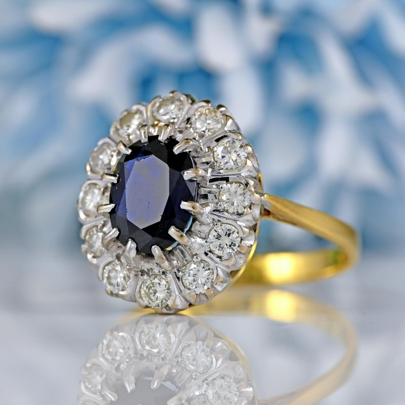 Ellibelle Jewellery Vintage 1972 Sapphire & Diamond 18ct Gold Cluster Engagement Ring