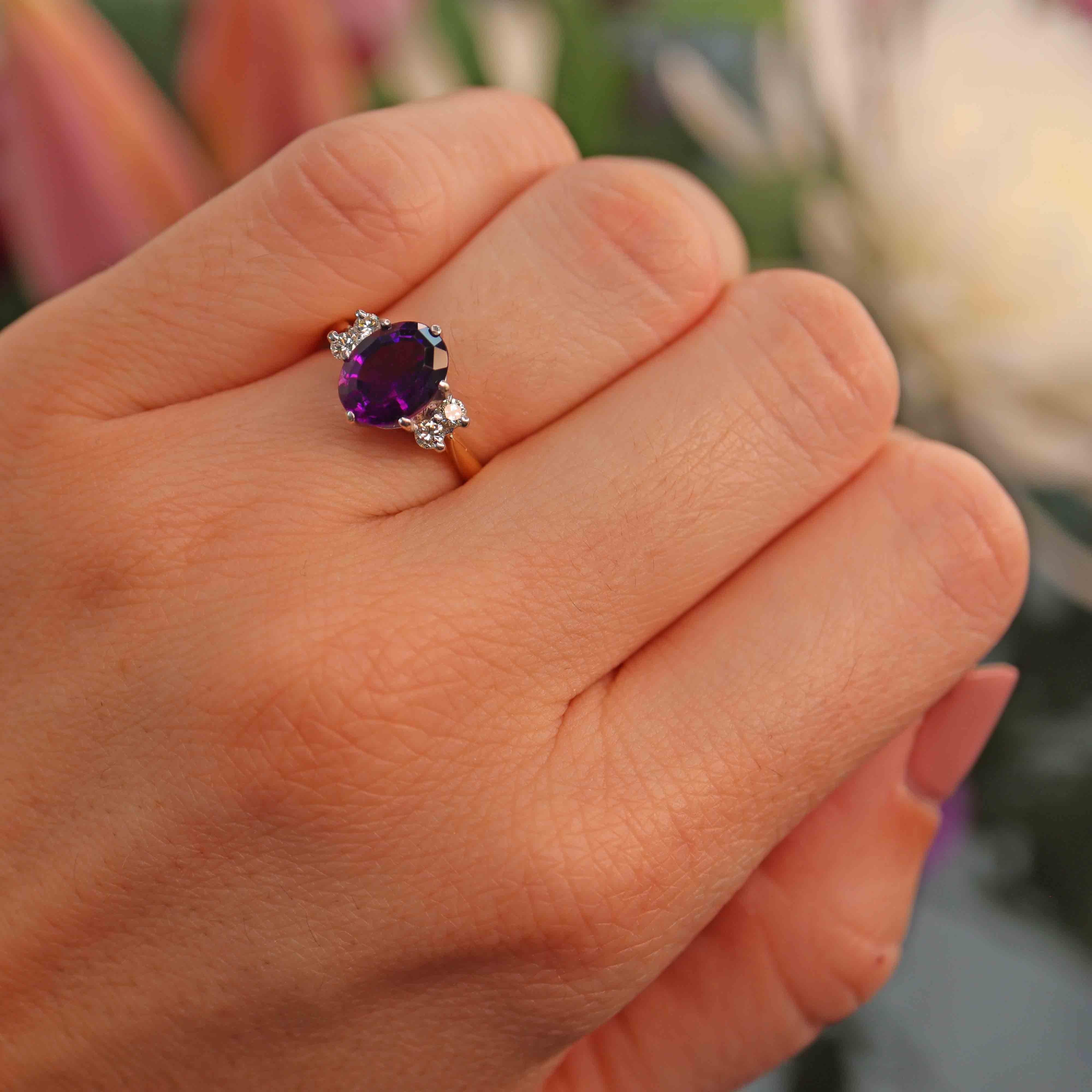 Ellibelle Jewellery Vintage 1973 Amethyst & Diamond 18ct Gold Ring