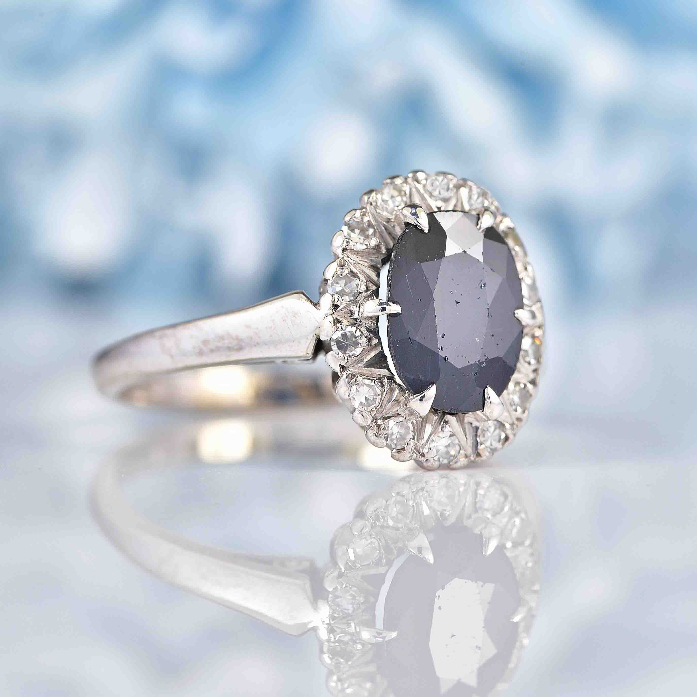 Ellibelle Jewellery Vintage 1973 Dark Sapphire & Diamond 18ct White Gold Cluster Ring