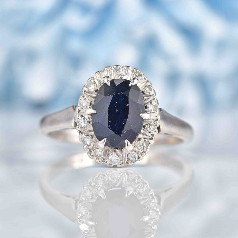Ellibelle Jewellery Vintage 1973 Dark Sapphire & Diamond 18ct White Gold Cluster Ring