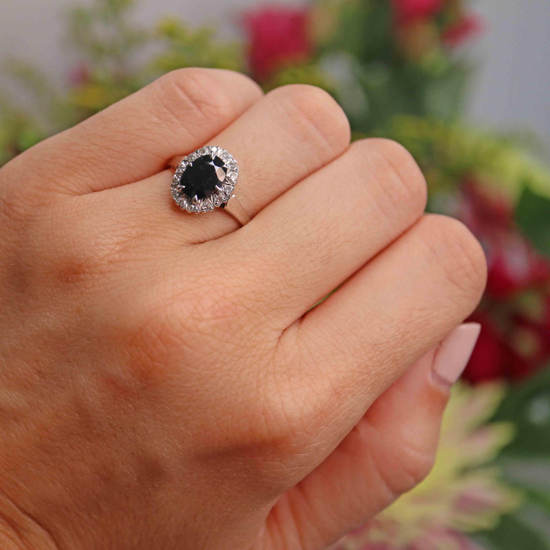 Ellibelle Jewellery Vintage 1973 Dark Sapphire & Diamond 18ct White Gold Cluster Ring