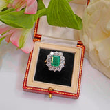 Ellibelle Jewellery Vintage 1973 Emerald & Diamond 18ct Gold Cluster Engagement Ring