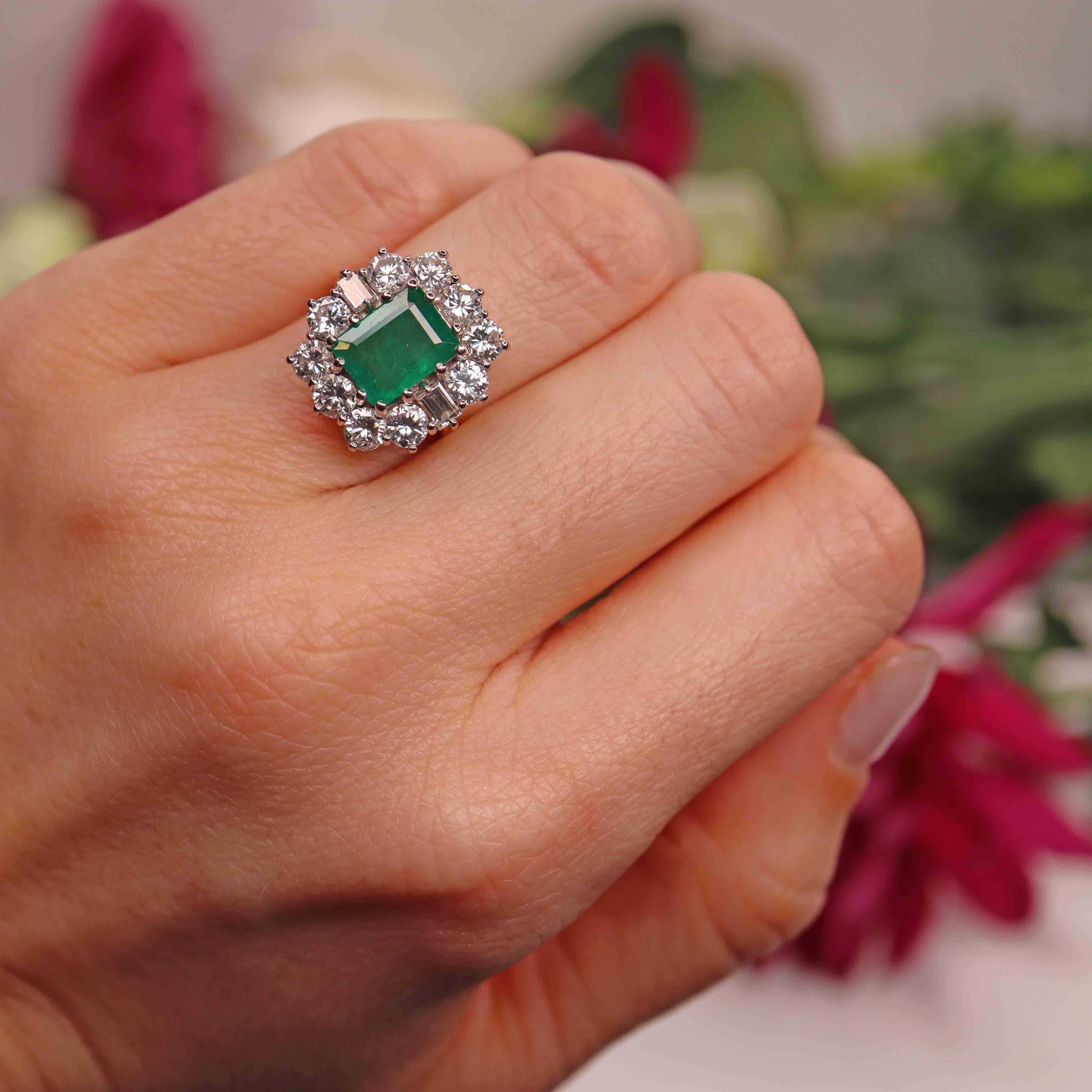 Ellibelle Jewellery Vintage 1973 Emerald & Diamond 18ct Gold Cluster Engagement Ring