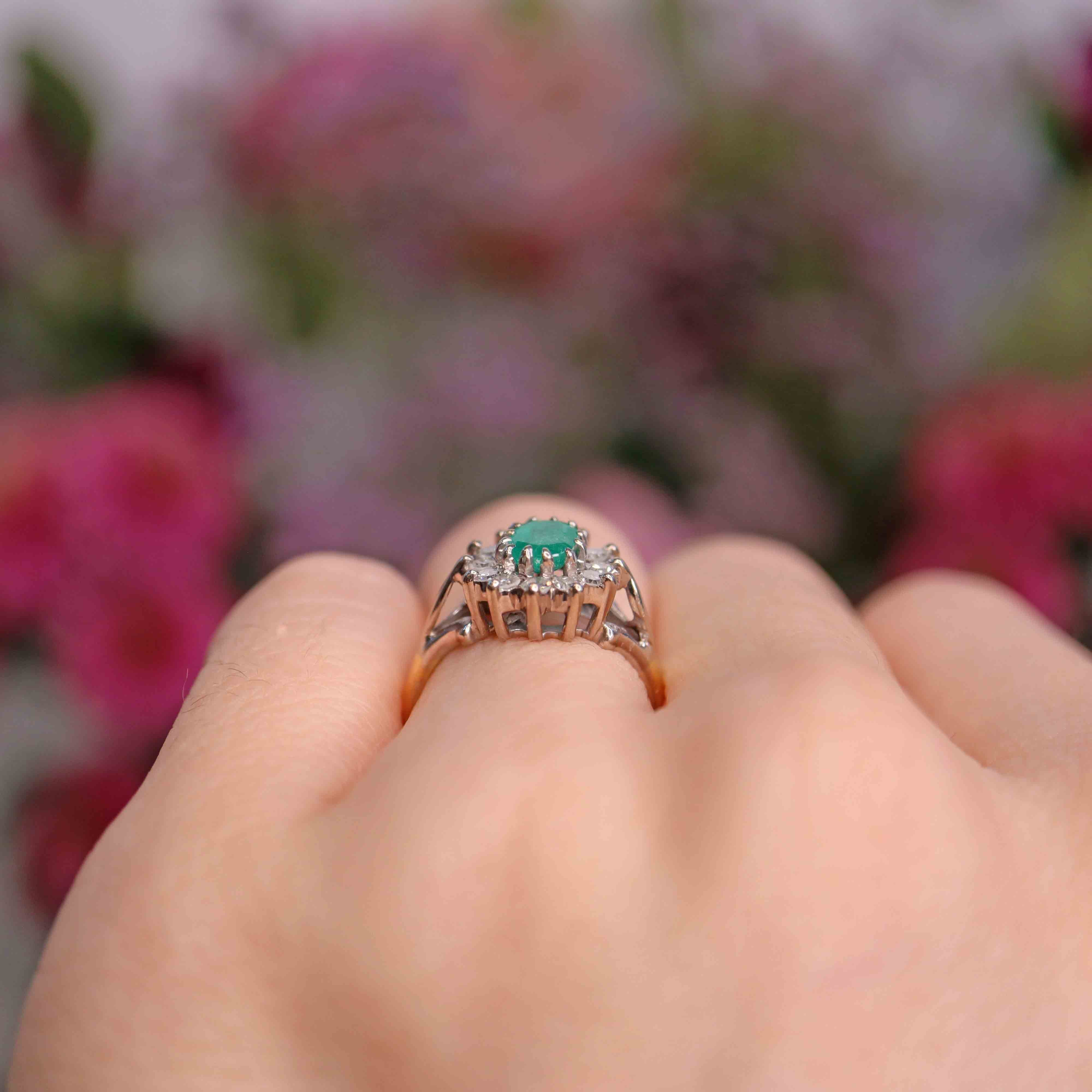 Ellibelle Jewellery Vintage 1973 Emerald & Diamond 18ct Gold Oval Cluster Ring (0.60cts)