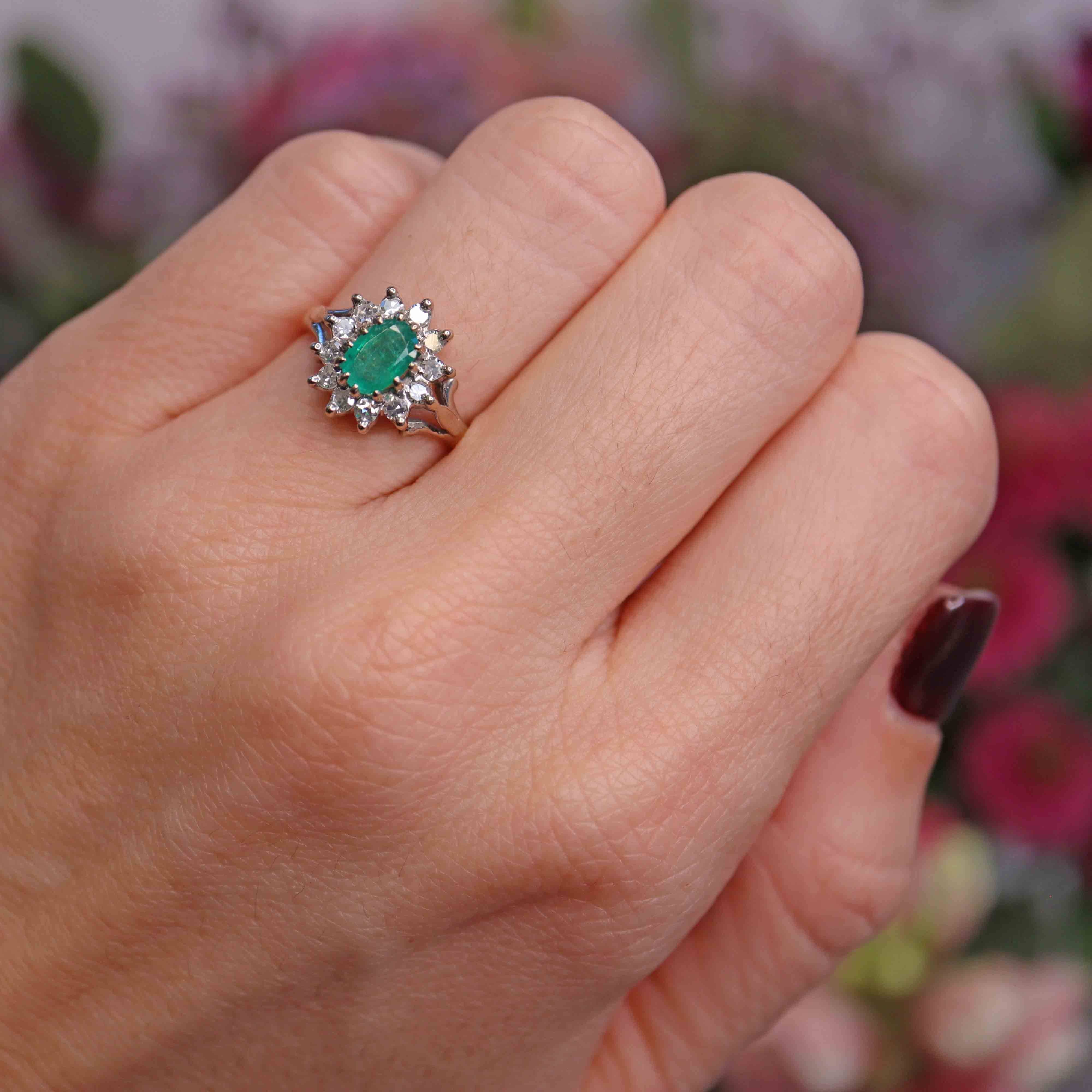 Ellibelle Jewellery Vintage 1973 Emerald & Diamond 18ct Gold Oval Cluster Ring (0.60cts)