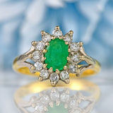 Ellibelle Jewellery Vintage 1973 Emerald & Diamond 18ct Gold Oval Cluster Ring (0.60cts)