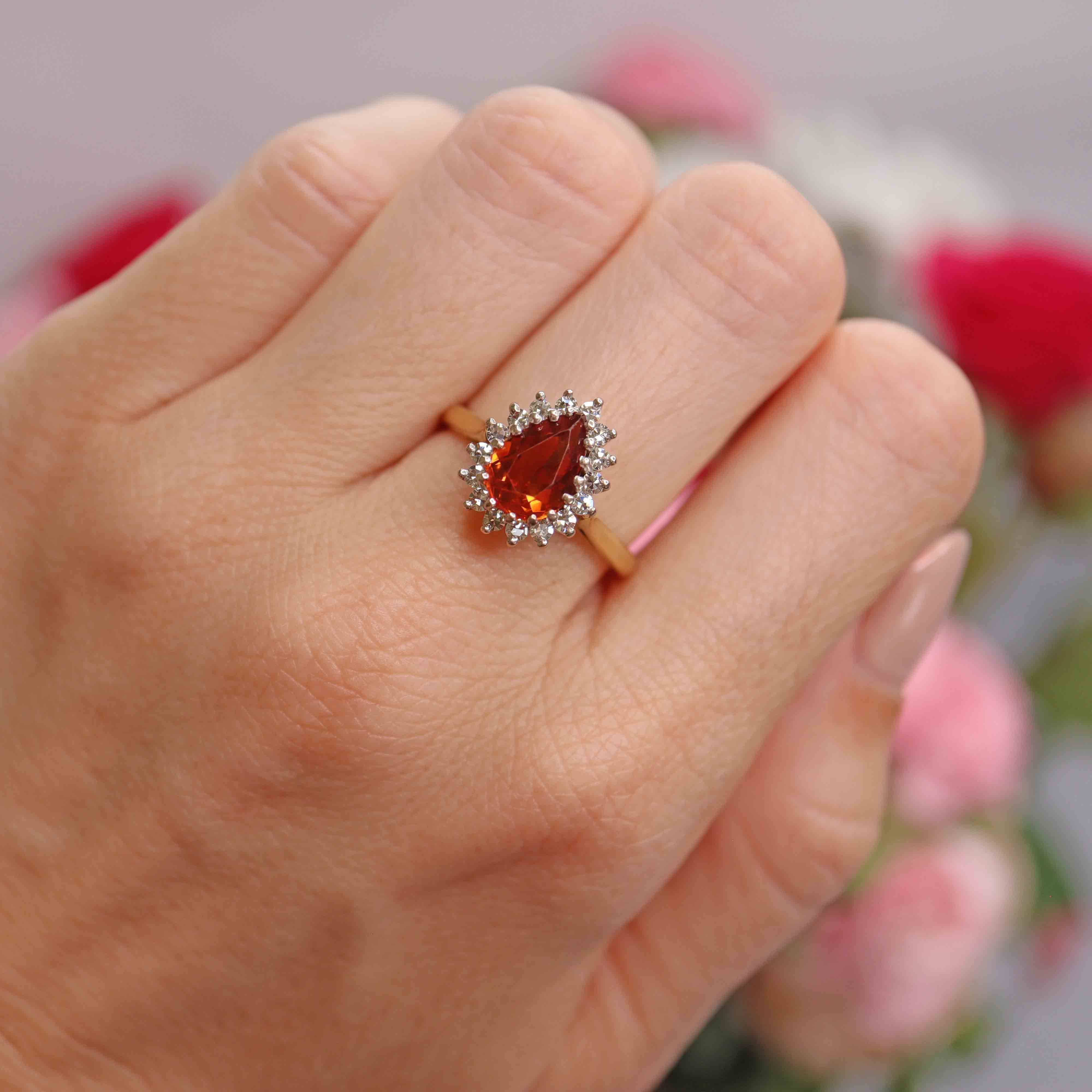 Ellibelle Jewellery Vintage 1973 Madeira Citrine & Diamond 18ct Gold Pear Cluster Ring