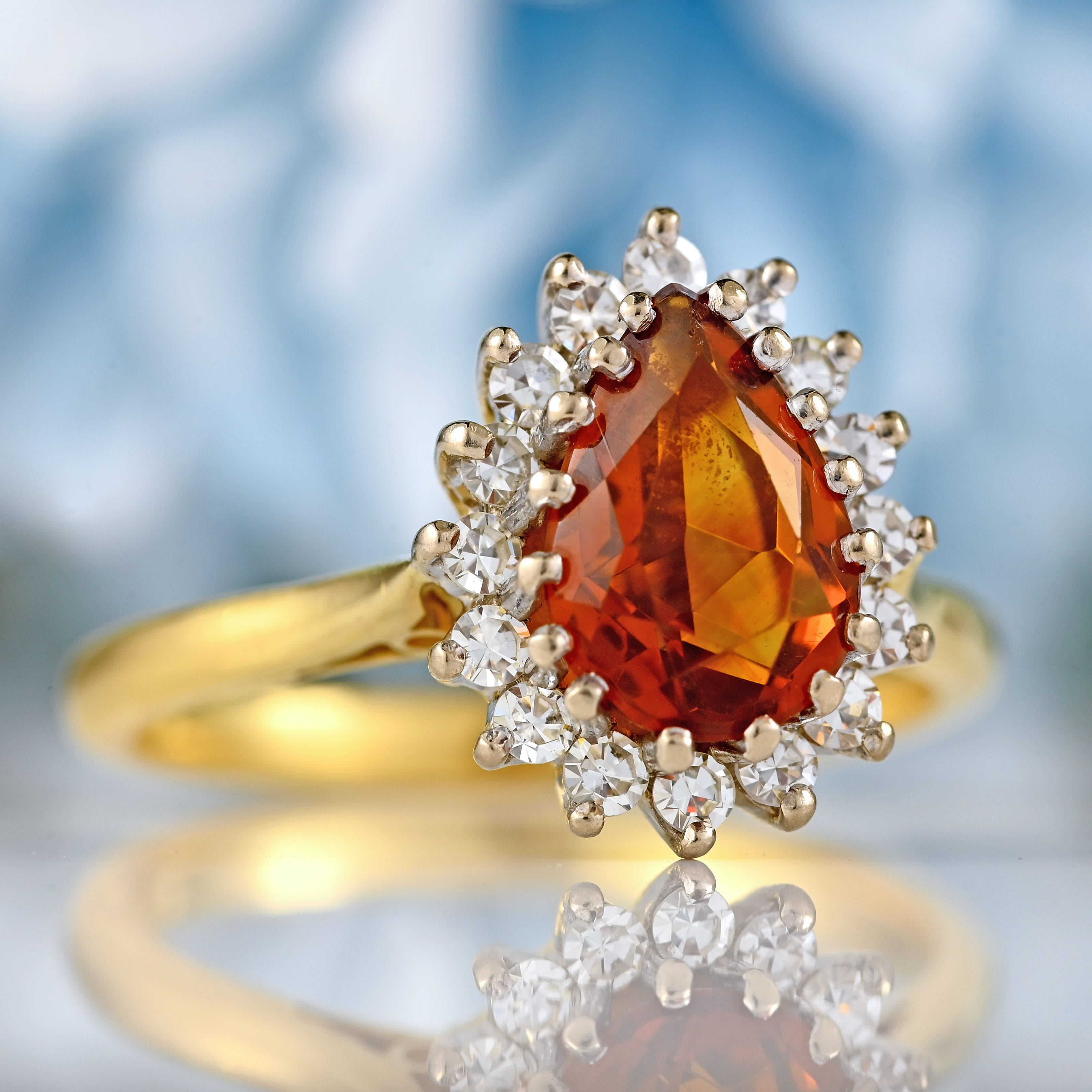 Ellibelle Jewellery Vintage 1973 Madeira Citrine & Diamond 18ct Gold Pear Cluster Ring