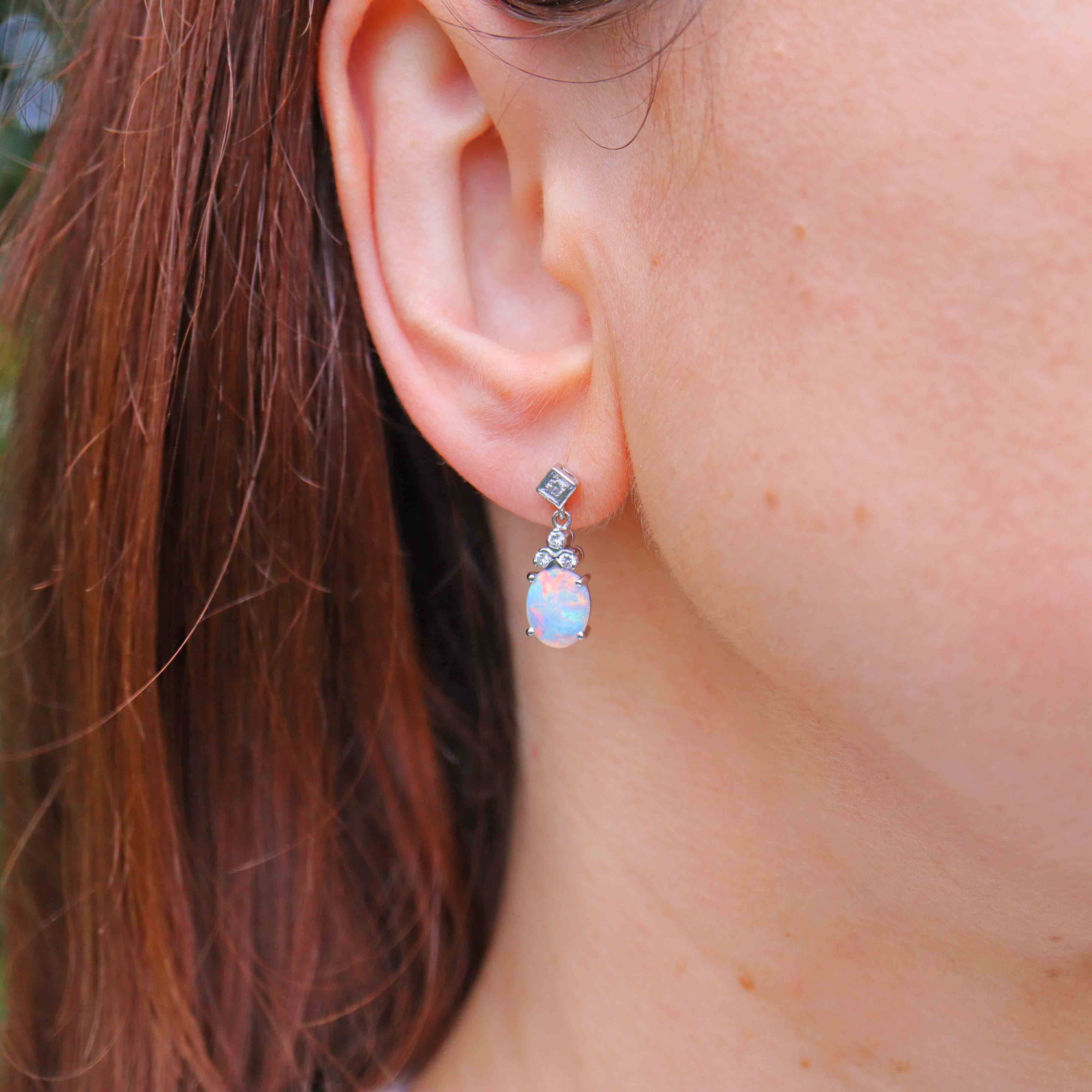 Ellibelle Jewellery Vintage 1973 Opal & Diamond 18ct White Gold Drop Earrings by Cropp and Farr