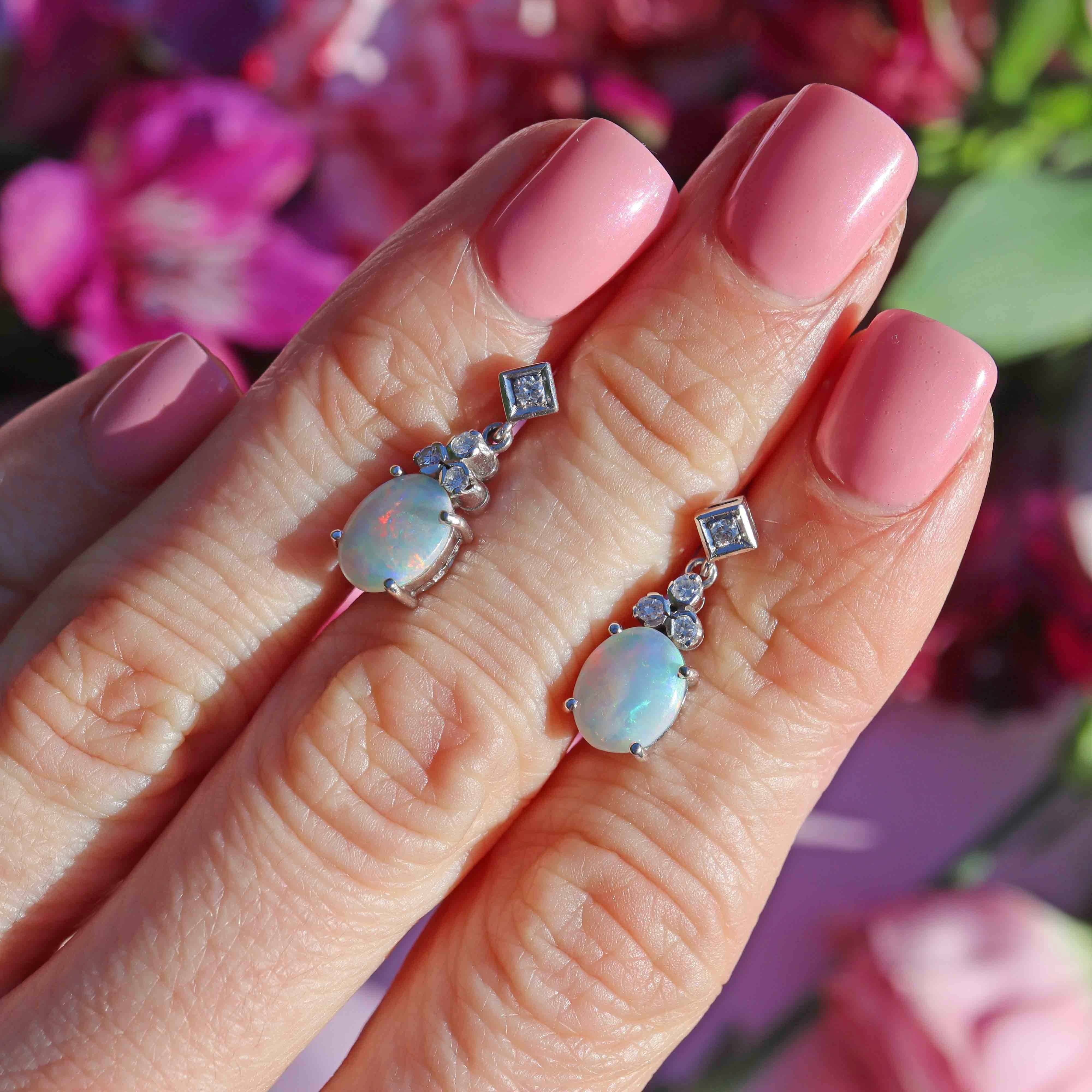 Ellibelle Jewellery Vintage 1973 Opal & Diamond 18ct White Gold Drop Earrings by Cropp and Farr