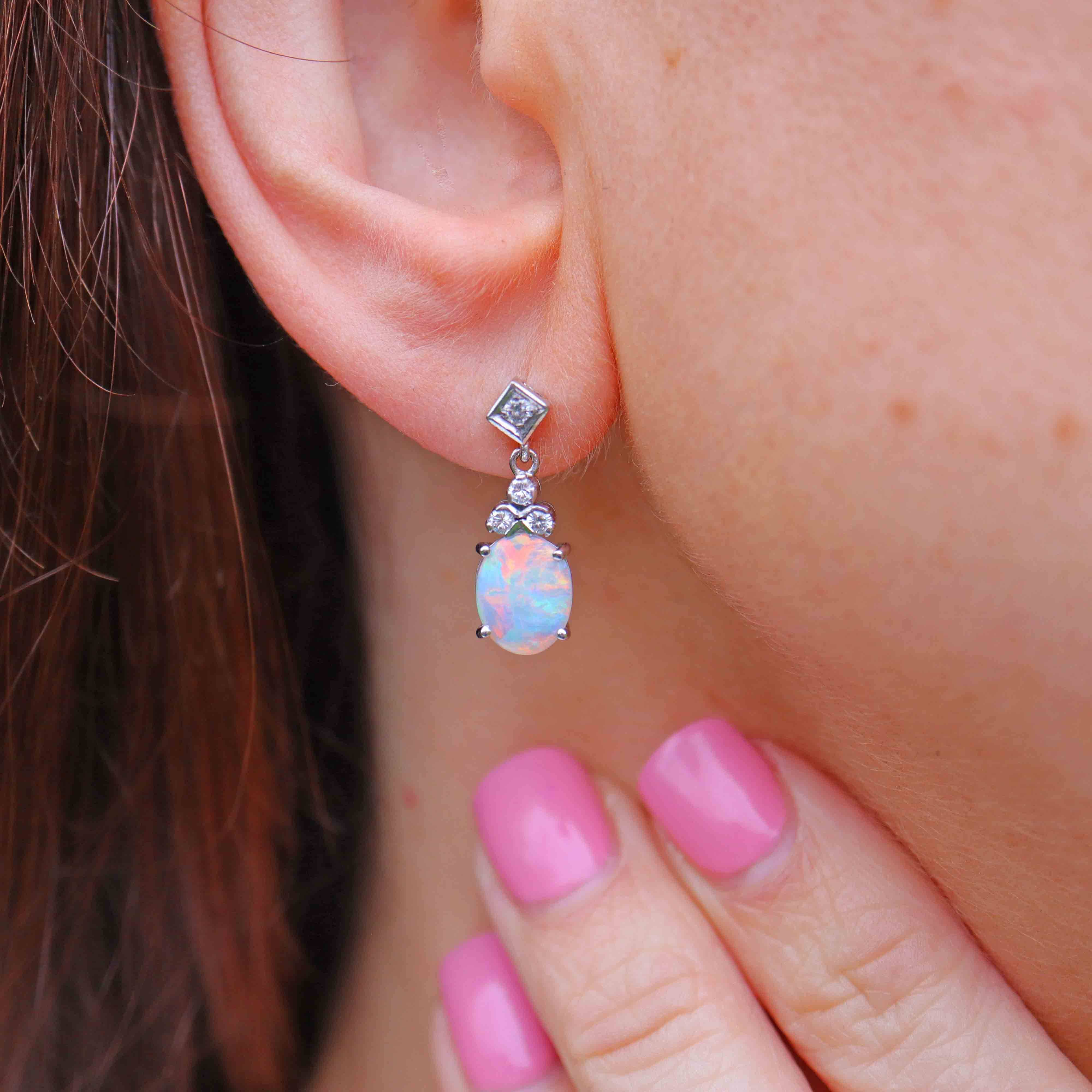 Ellibelle Jewellery Vintage 1973 Opal & Diamond 18ct White Gold Drop Earrings by Cropp and Farr