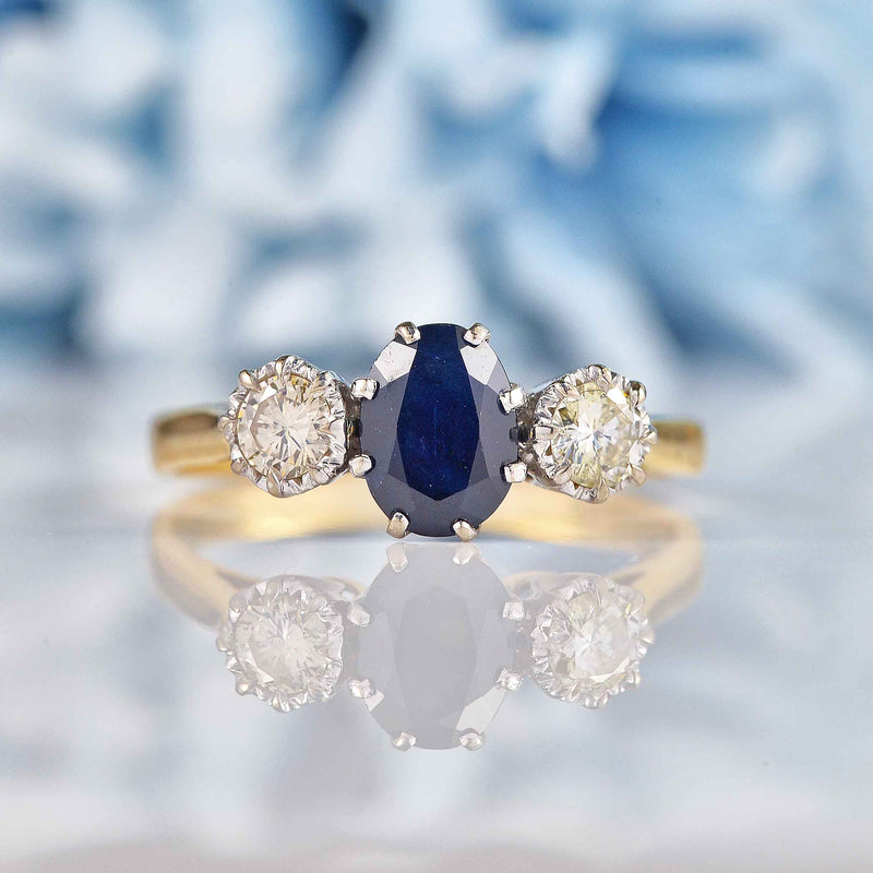 Ellibelle Jewellery Vintage 1973 Sapphire & Diamond 18ct Gold Three-Stone Engagement Ring