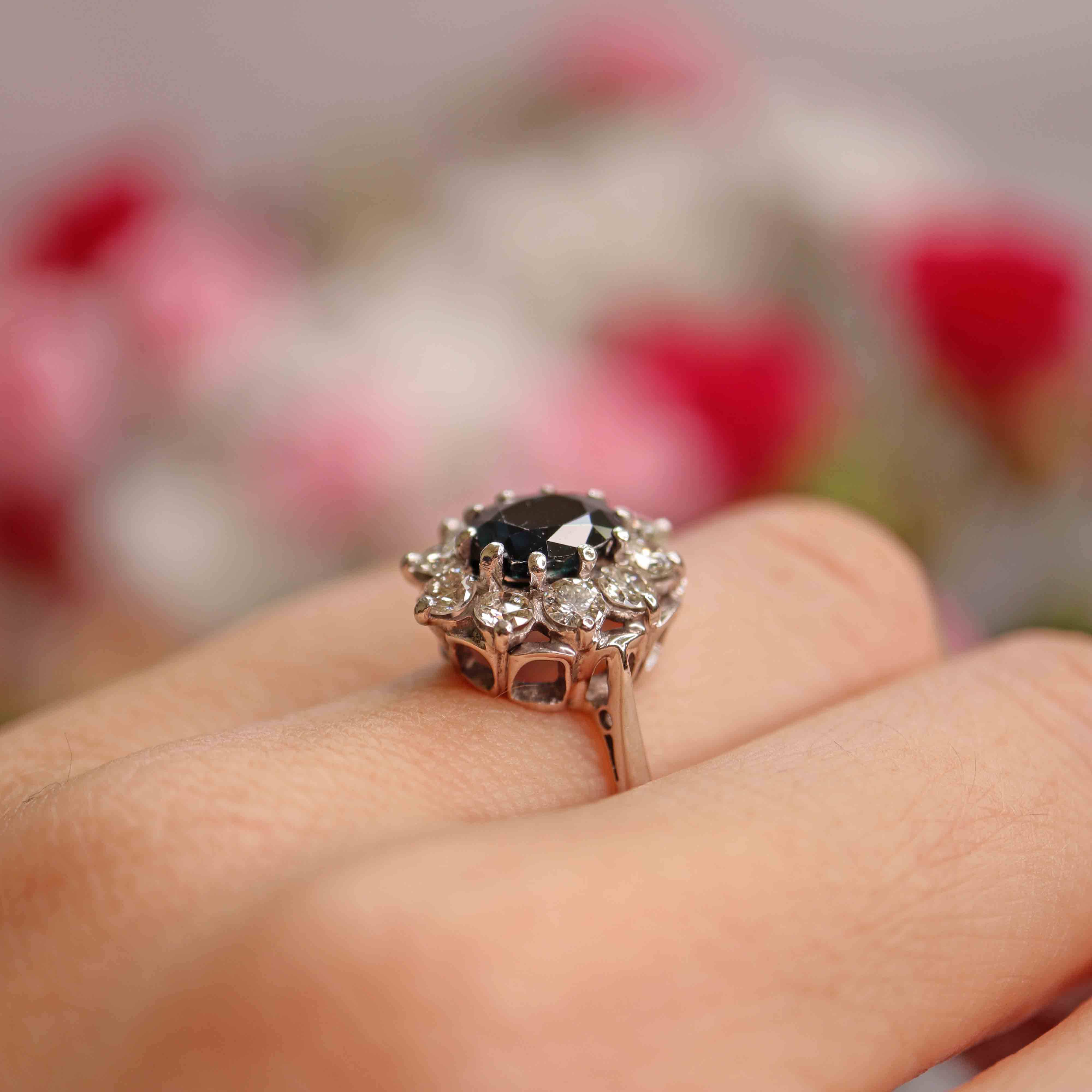 Ellibelle Jewellery Vintage 1973 Sapphire & Diamond 18ct White Gold Cluster Engagement Ring