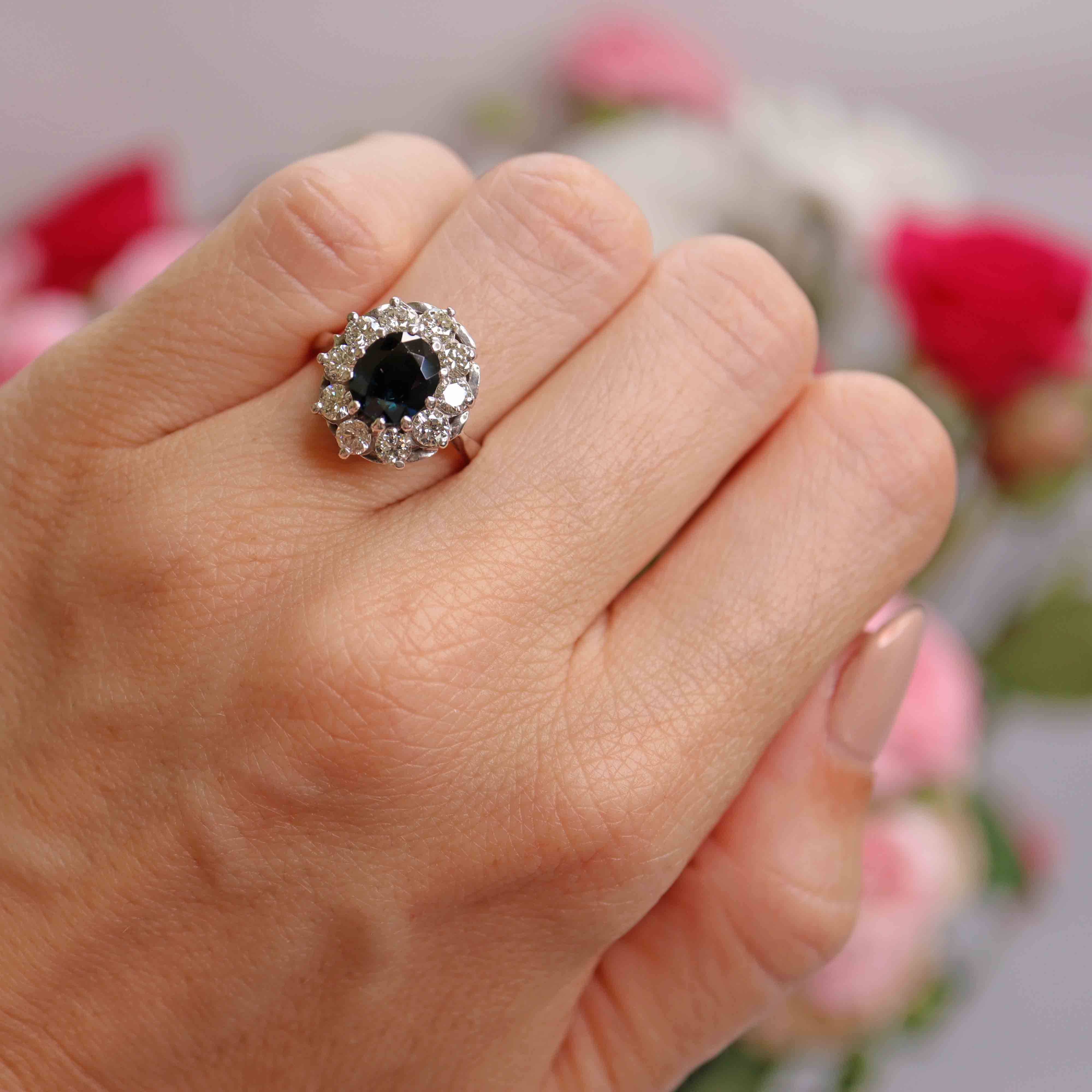 Ellibelle Jewellery Vintage 1973 Sapphire & Diamond 18ct White Gold Cluster Engagement Ring