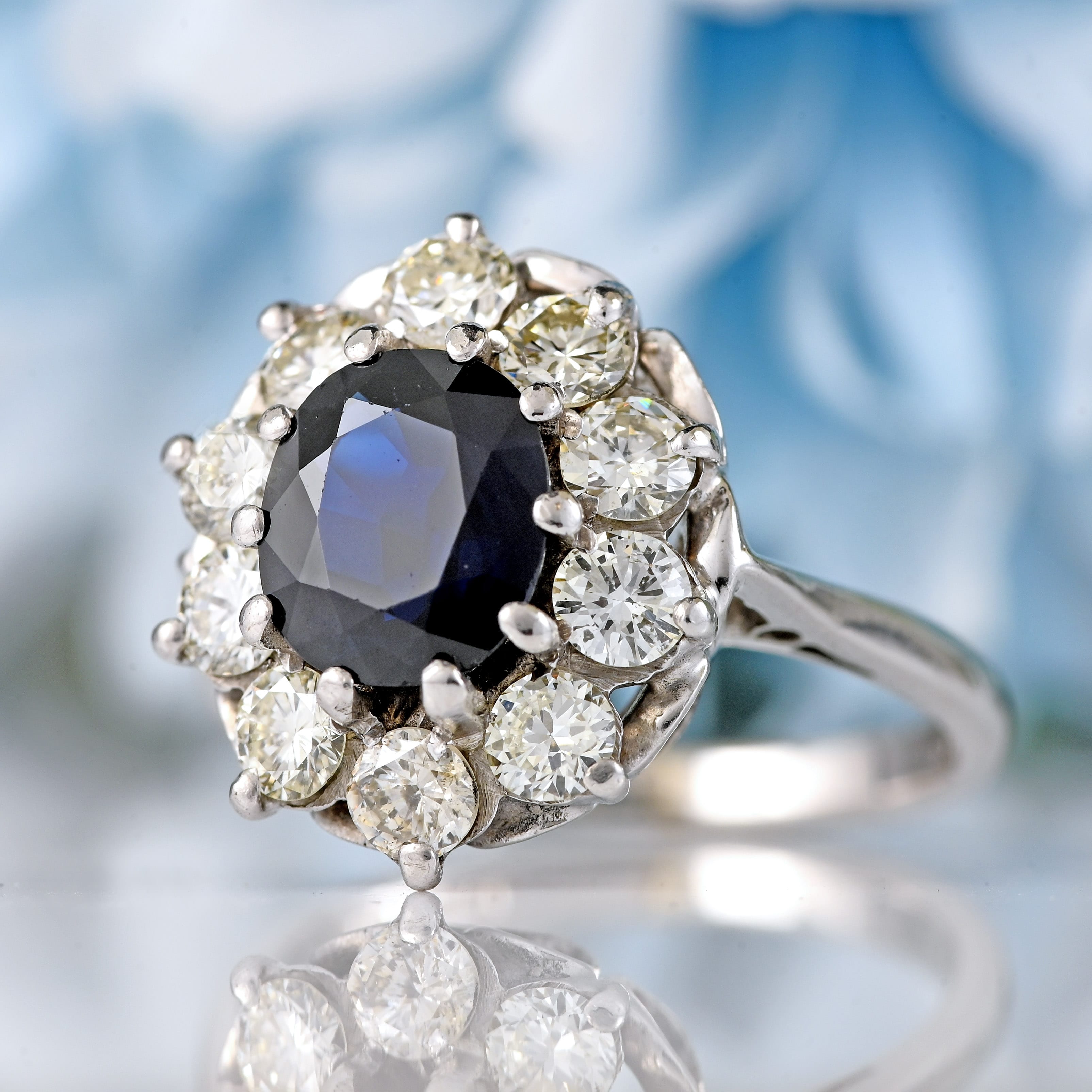 Ellibelle Jewellery Vintage 1973 Sapphire & Diamond 18ct White Gold Cluster Engagement Ring