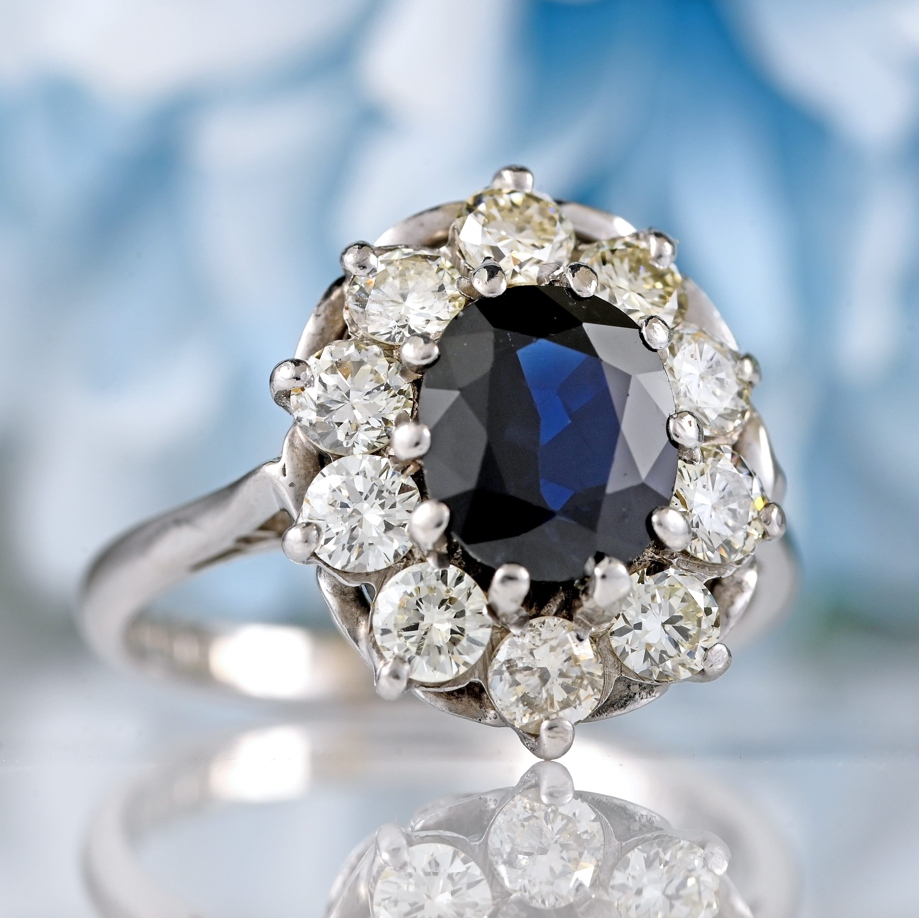 Ellibelle Jewellery Vintage 1973 Sapphire & Diamond 18ct White Gold Cluster Engagement Ring