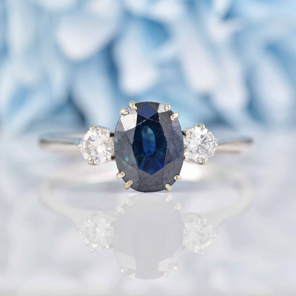 Ellibelle Jewellery Vintage 1973 Sapphire & Diamond White Gold Three-Stone Engagement Ring