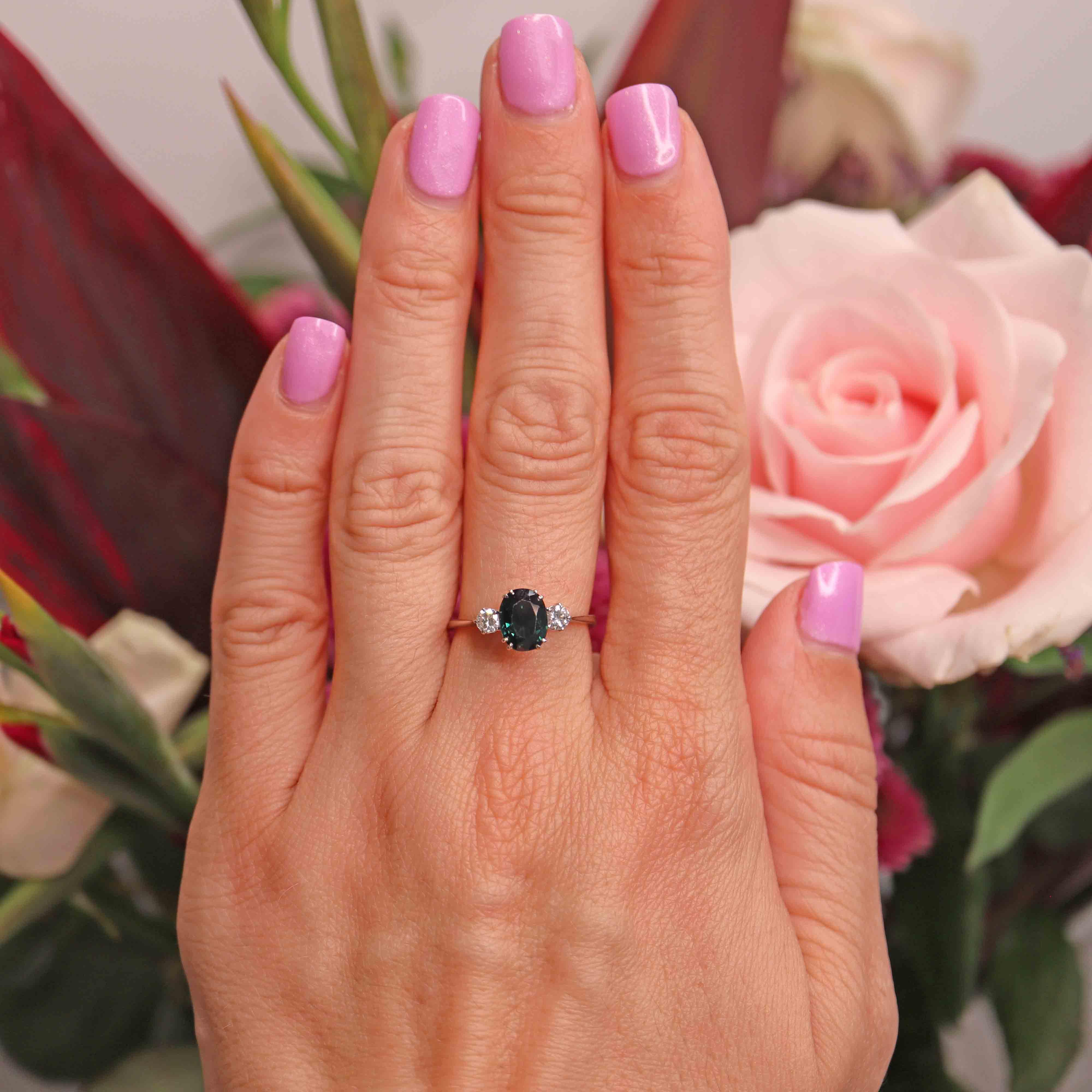 Ellibelle Jewellery Vintage 1973 Sapphire & Diamond White Gold Three-Stone Engagement Ring