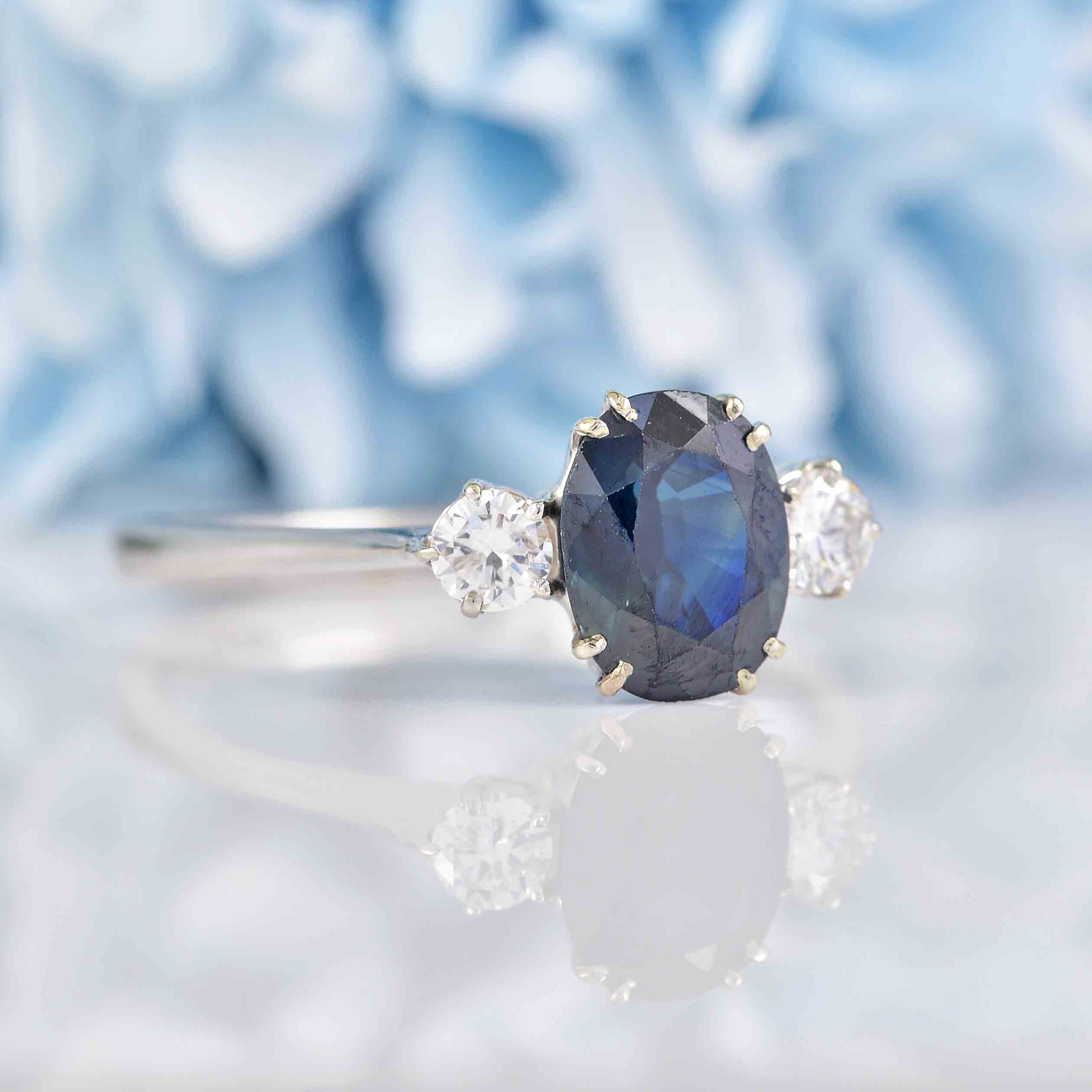 Ellibelle Jewellery Vintage 1973 Sapphire & Diamond White Gold Three-Stone Engagement Ring