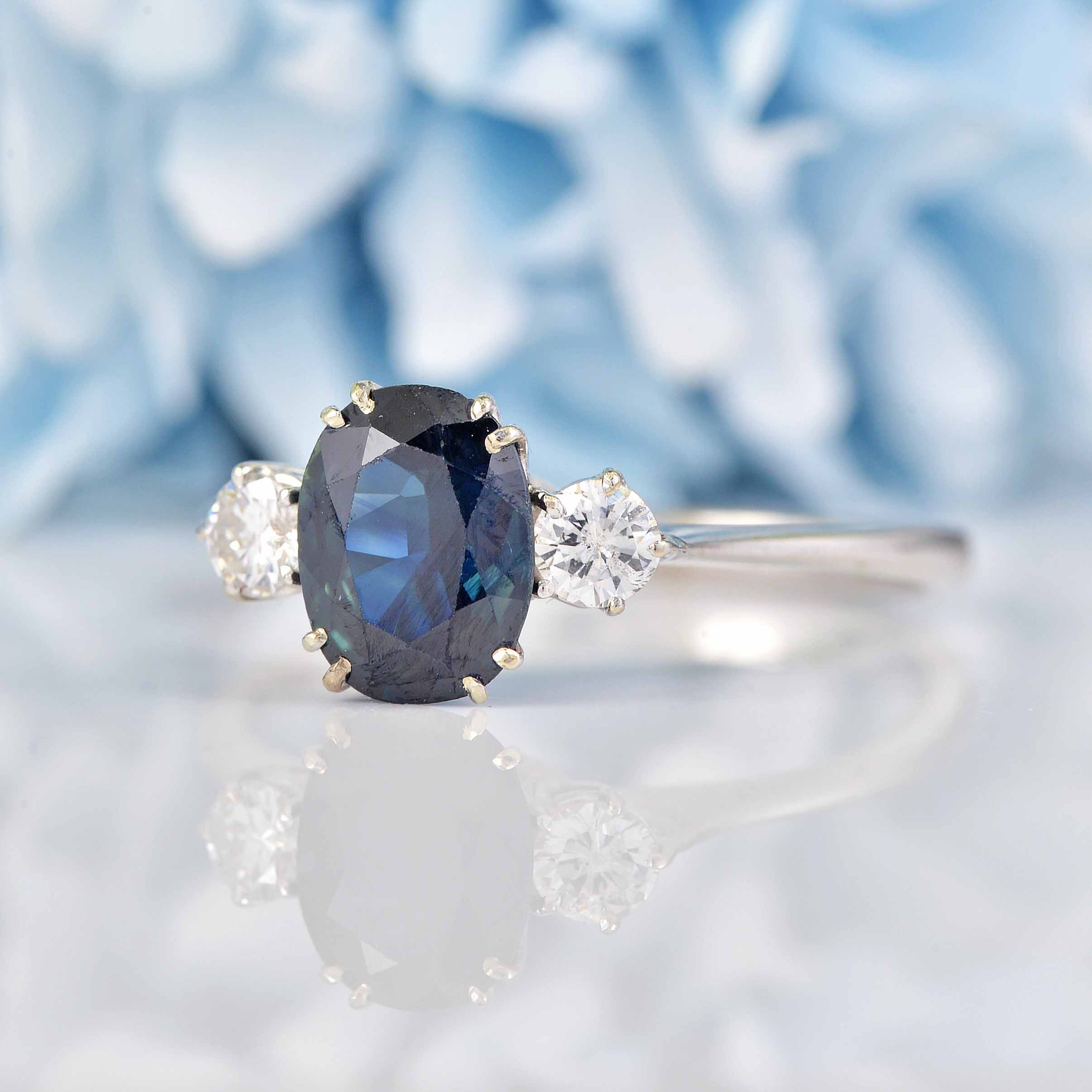 Ellibelle Jewellery Vintage 1973 Sapphire & Diamond White Gold Three-Stone Engagement Ring