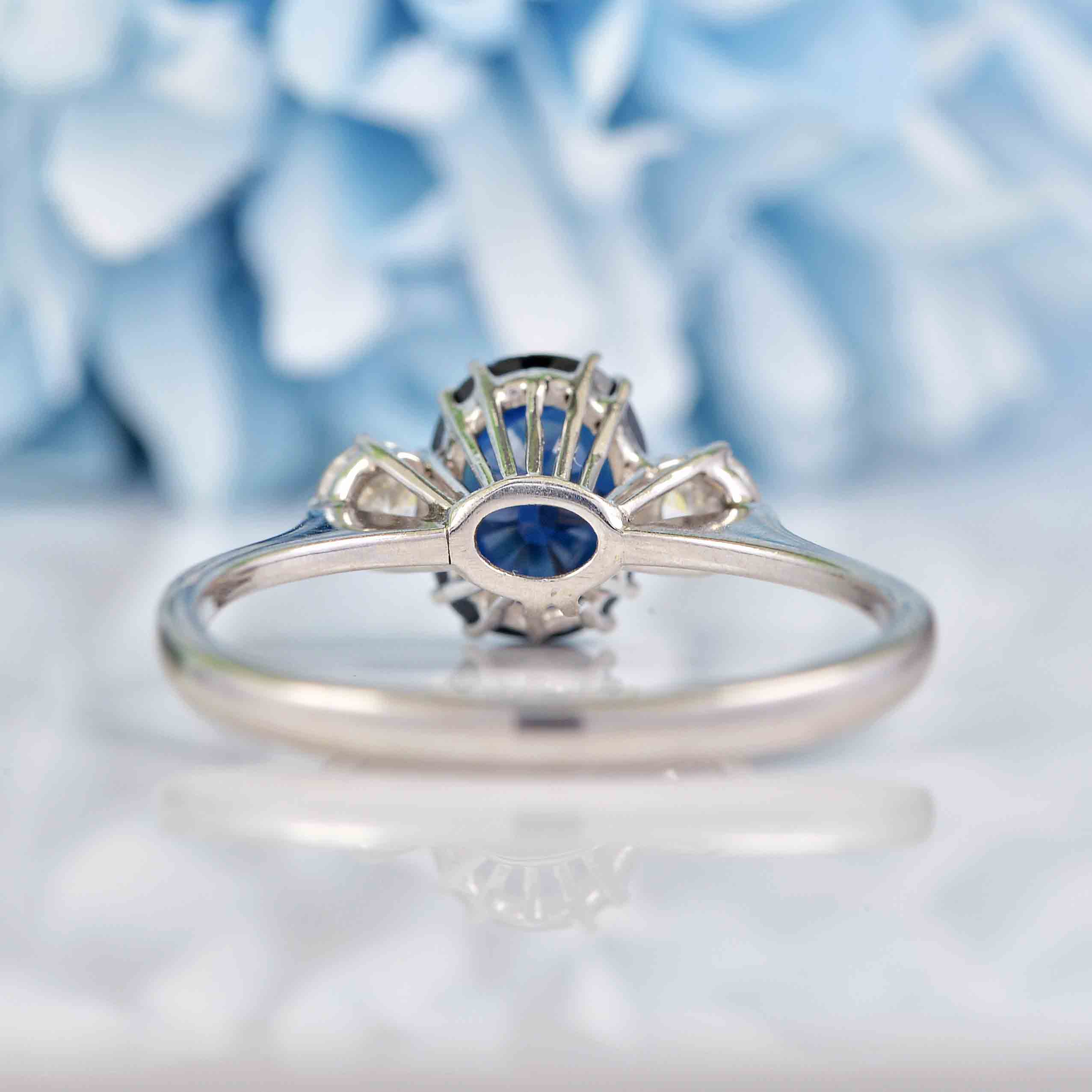 Ellibelle Jewellery Vintage 1973 Sapphire & Diamond White Gold Three-Stone Engagement Ring