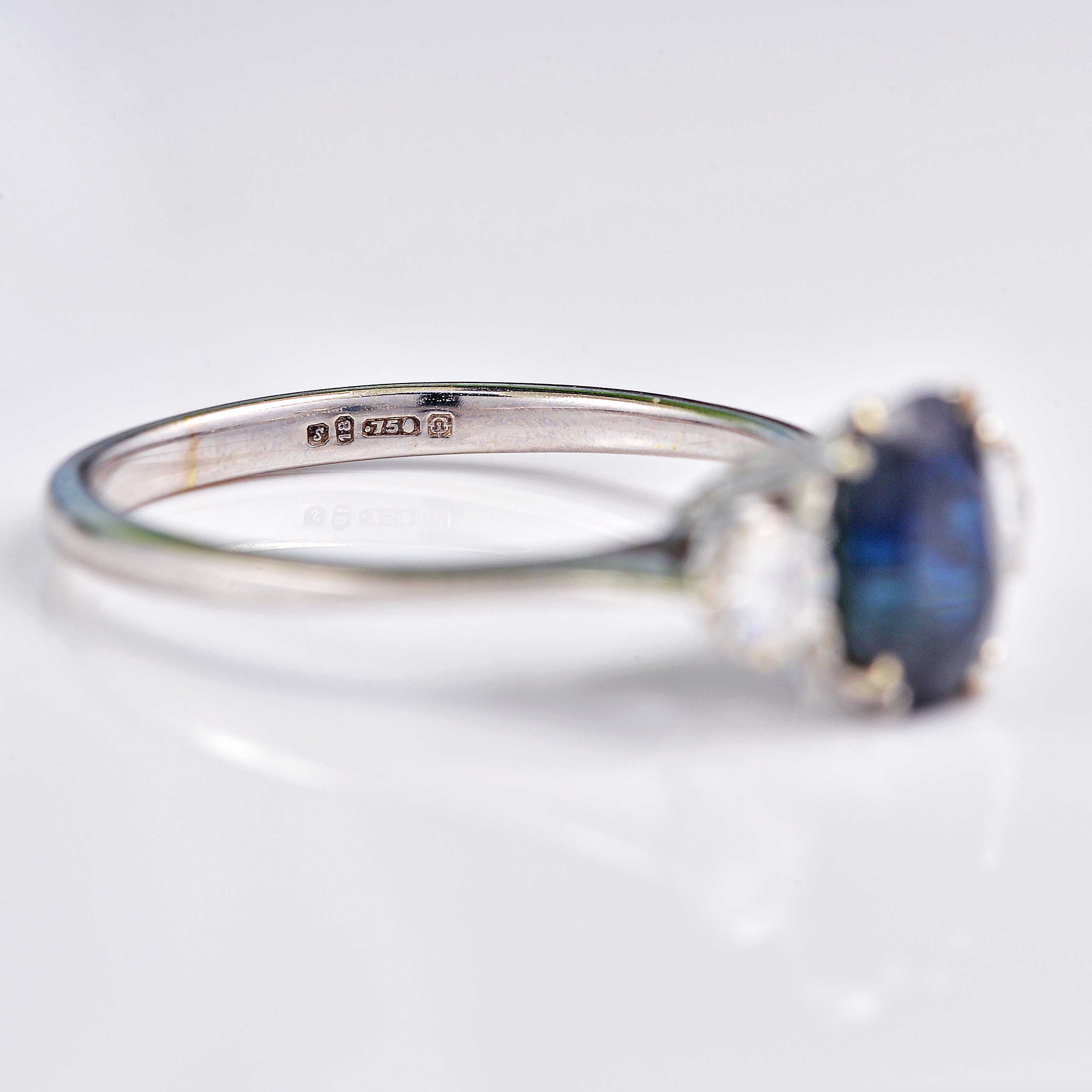 Ellibelle Jewellery Vintage 1973 Sapphire & Diamond White Gold Three-Stone Engagement Ring