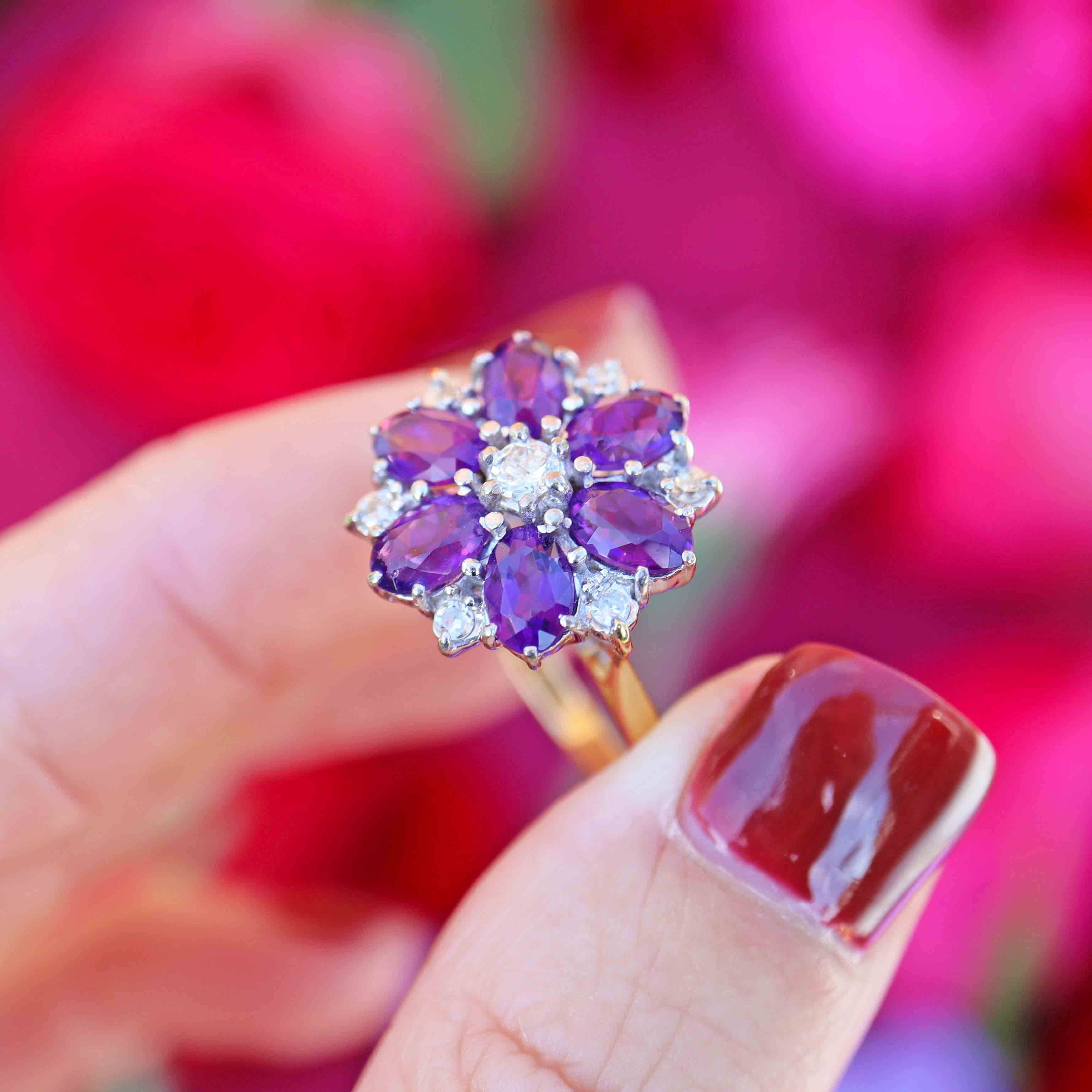 Ellibelle Jewellery Vintage 1974 Amethyst & Diamond 18ct Gold Daisy Cluster Ring