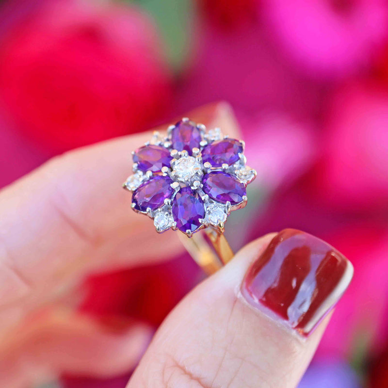 Ellibelle Jewellery Vintage 1974 Amethyst & Diamond 18ct Gold Daisy Cluster Ring