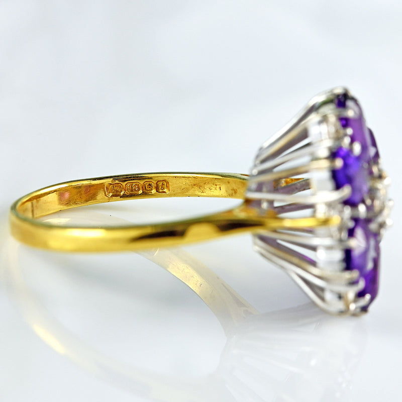 Ellibelle Jewellery Vintage 1974 Amethyst & Diamond 18ct Gold Daisy Cluster Ring