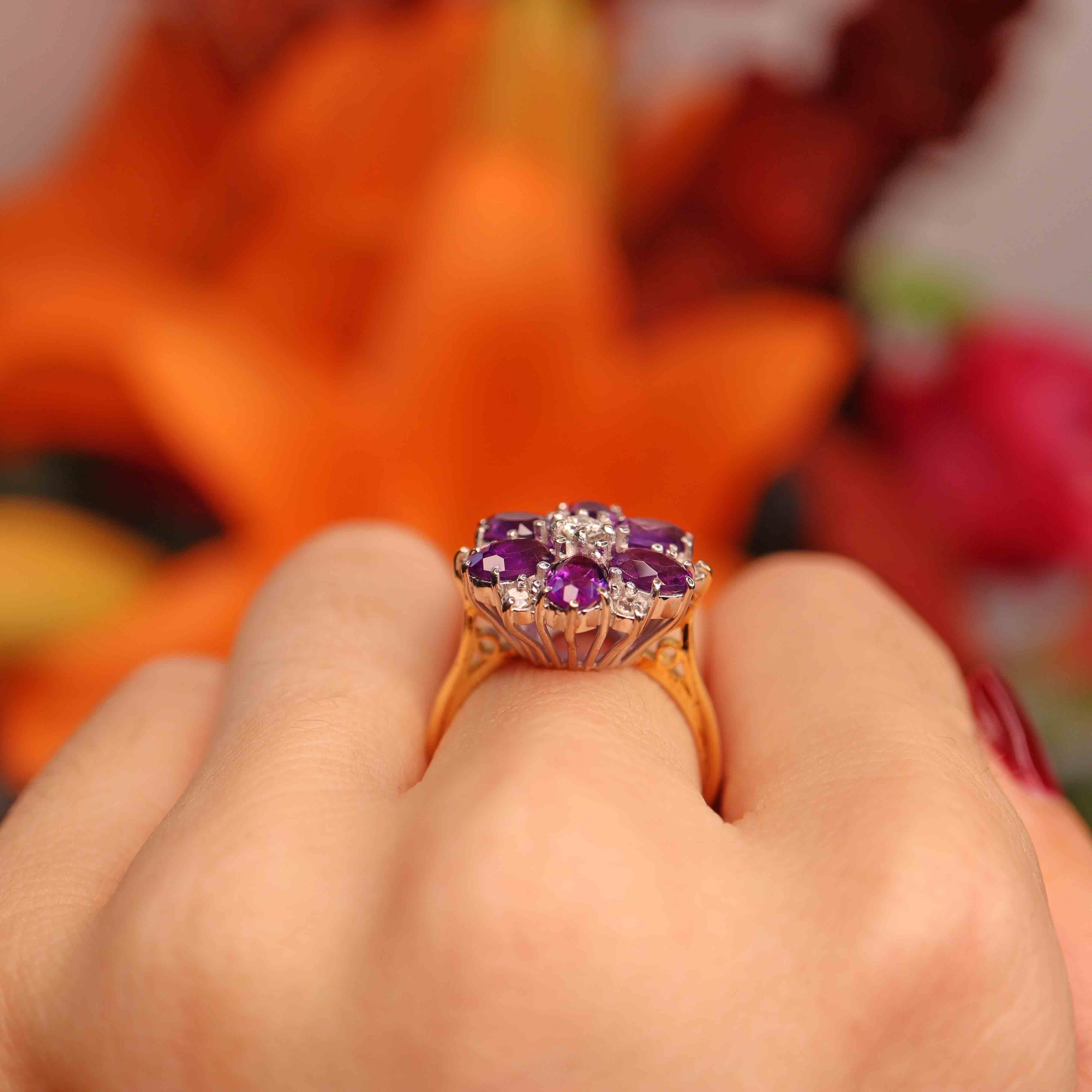 Ellibelle Jewellery Vintage 1974 Amethyst & Diamond 18ct Gold Daisy Cluster Ring