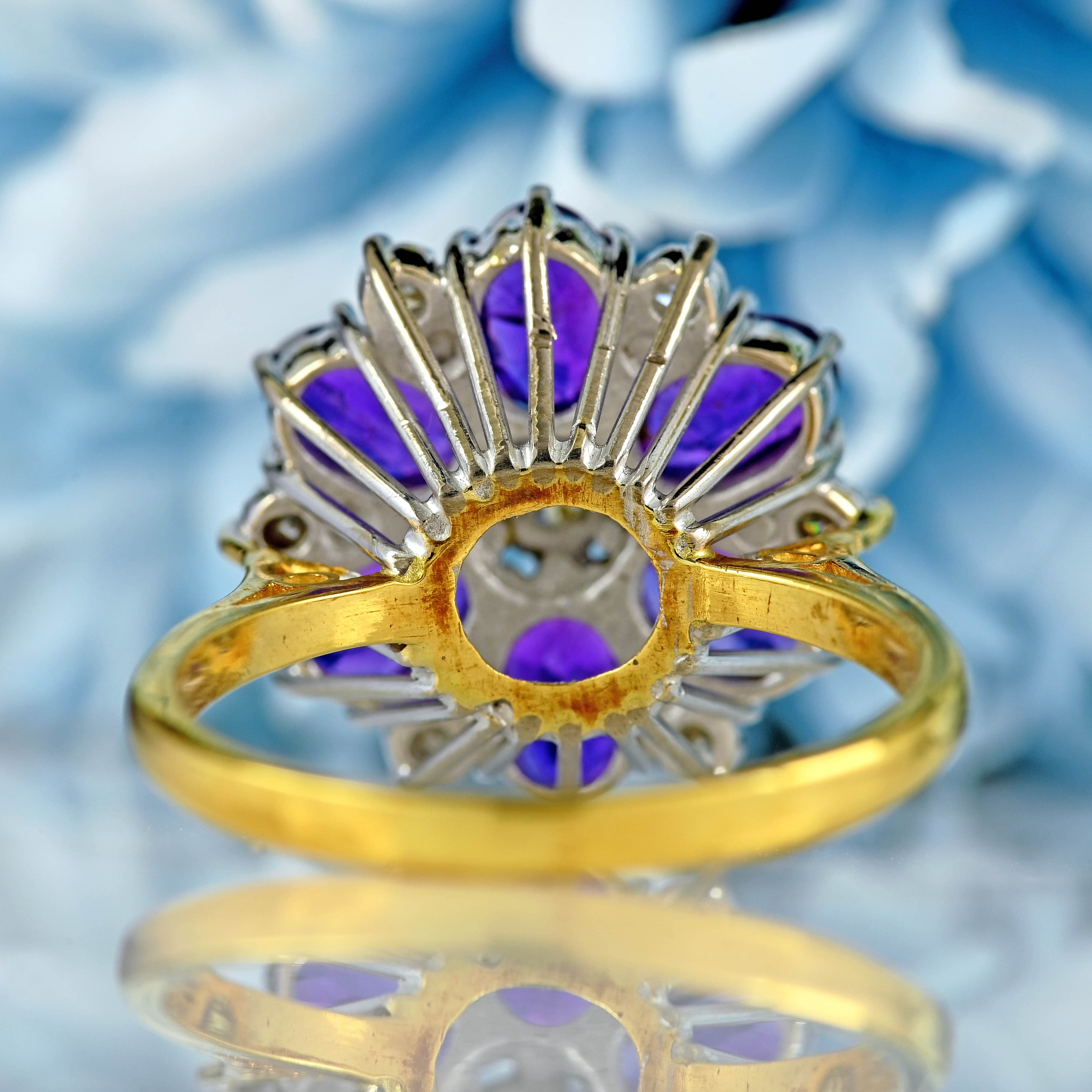 Ellibelle Jewellery Vintage 1974 Amethyst & Diamond 18ct Gold Daisy Cluster Ring
