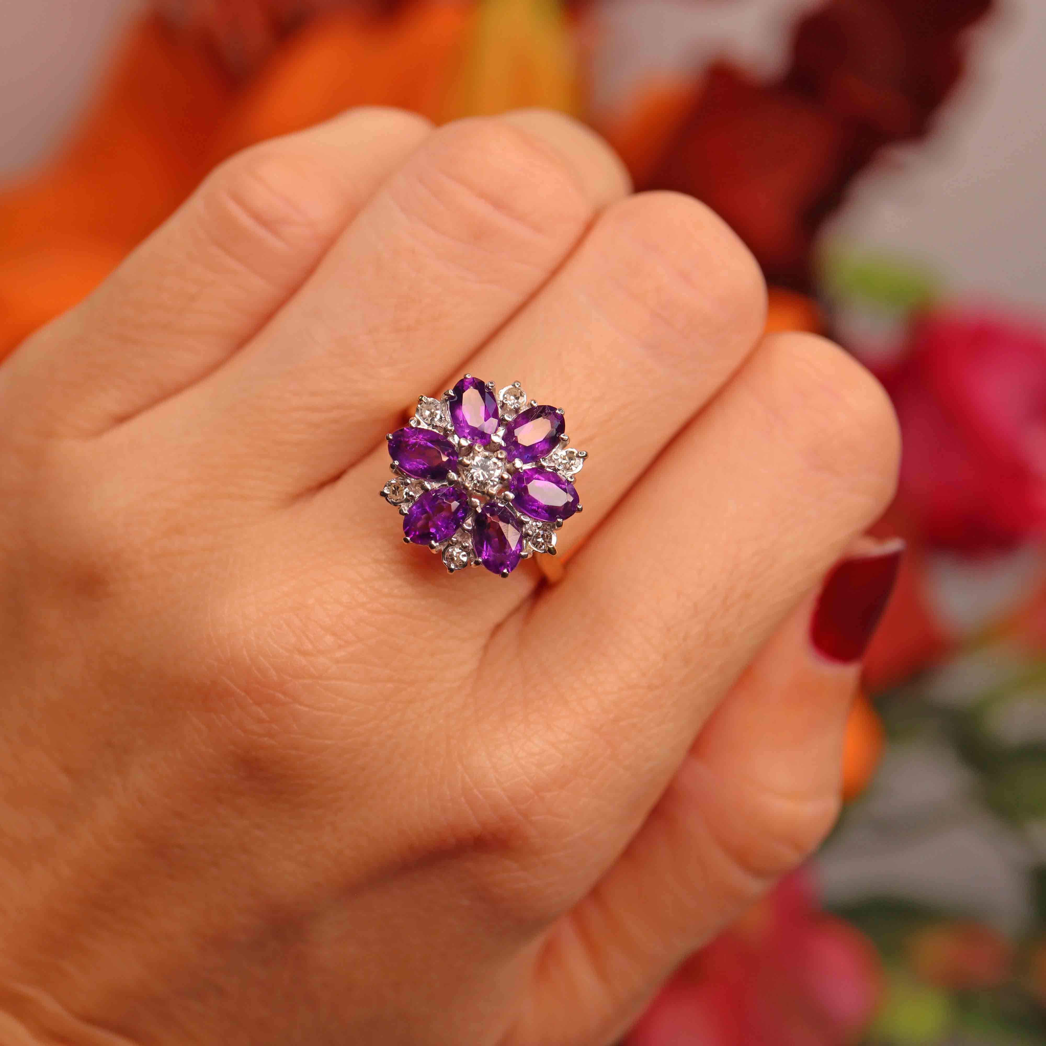 Ellibelle Jewellery Vintage 1974 Amethyst & Diamond 18ct Gold Daisy Cluster Ring