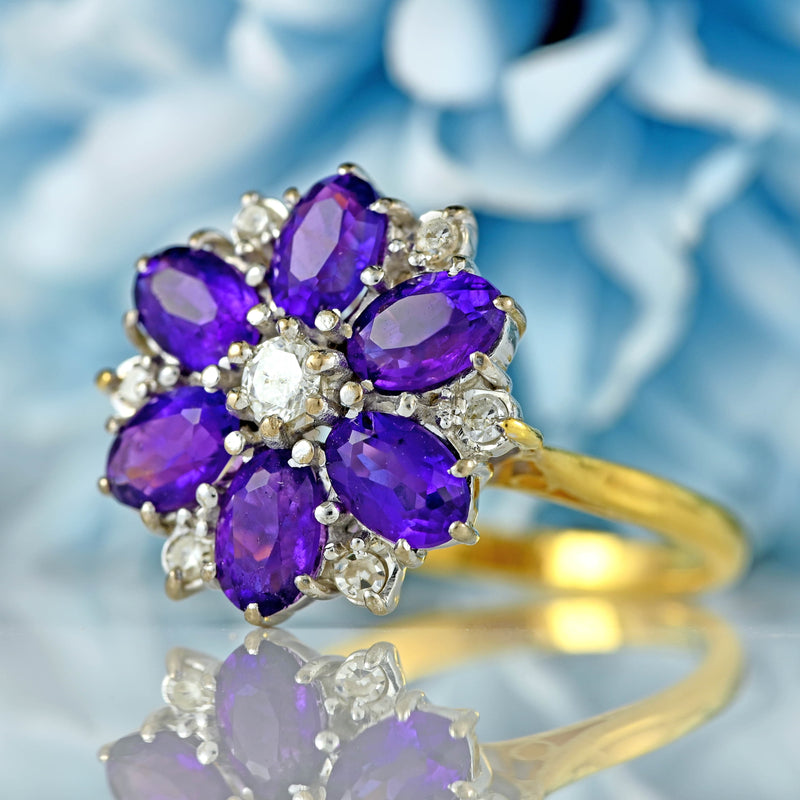 Ellibelle Jewellery Vintage 1974 Amethyst & Diamond 18ct Gold Daisy Cluster Ring