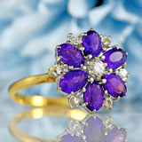 Ellibelle Jewellery Vintage 1974 Amethyst & Diamond 18ct Gold Daisy Cluster Ring