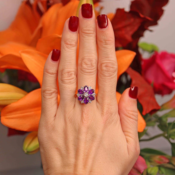Ellibelle Jewellery Vintage 1974 Amethyst & Diamond 18ct Gold Daisy Cluster Ring